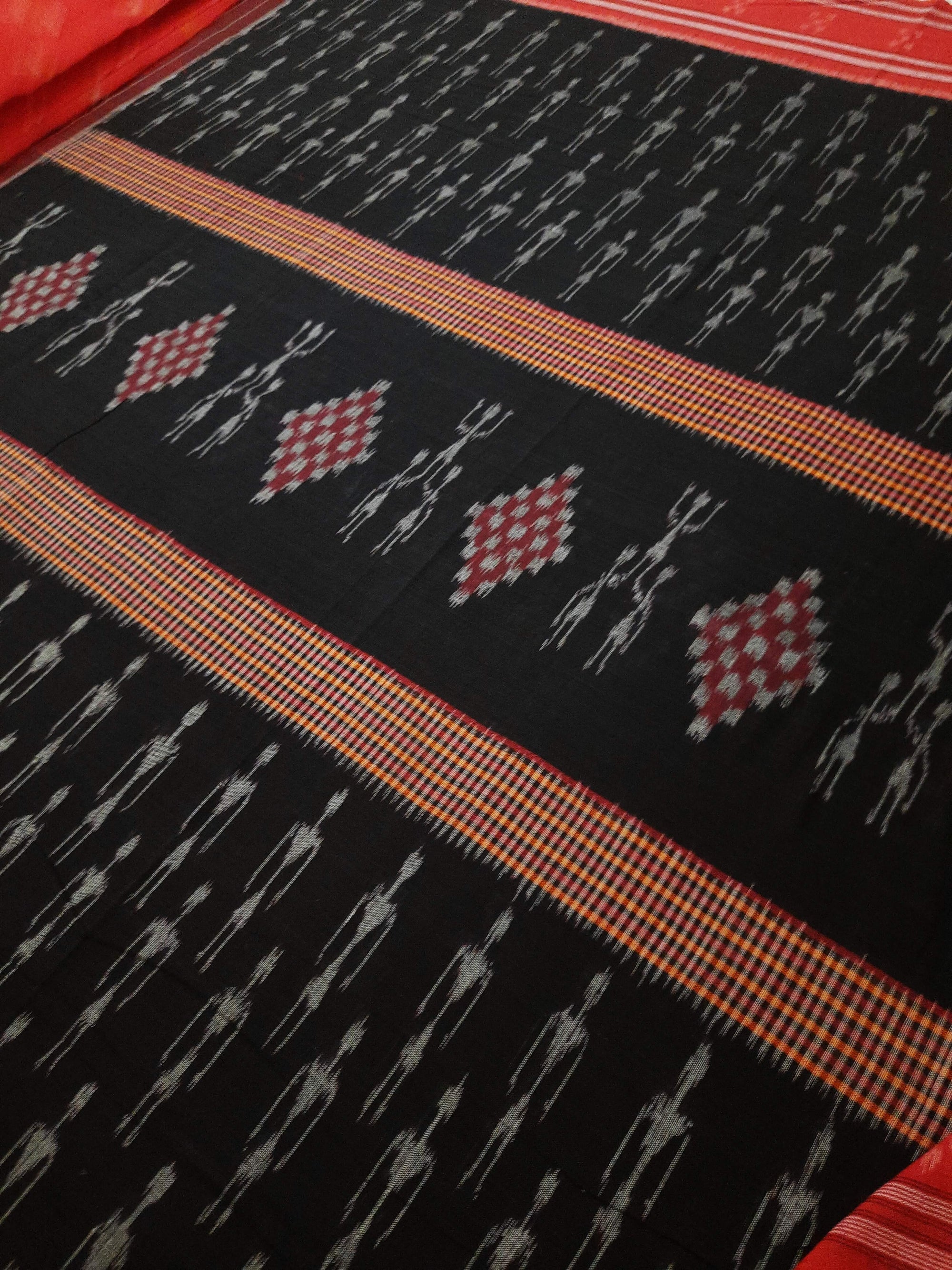Black and Red Cotton Ikat saree with cotton ikat blouse piece