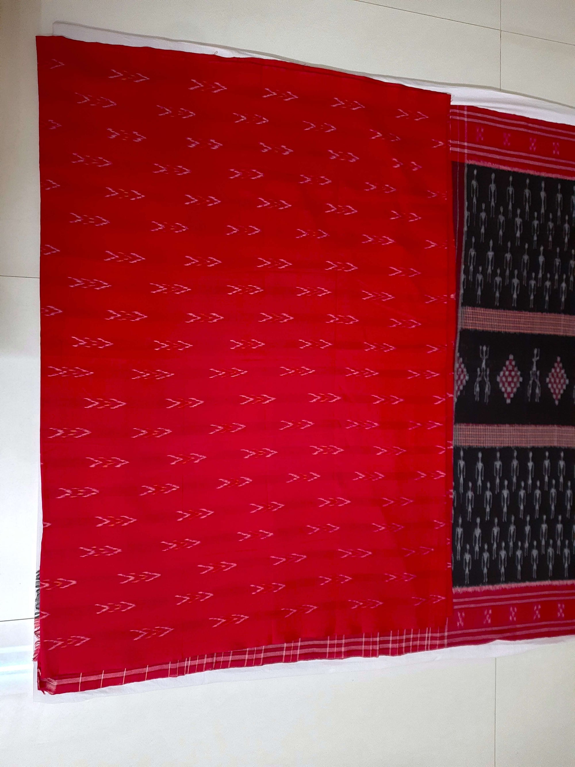 Black and Red Cotton Ikat saree with cotton ikat blouse piece