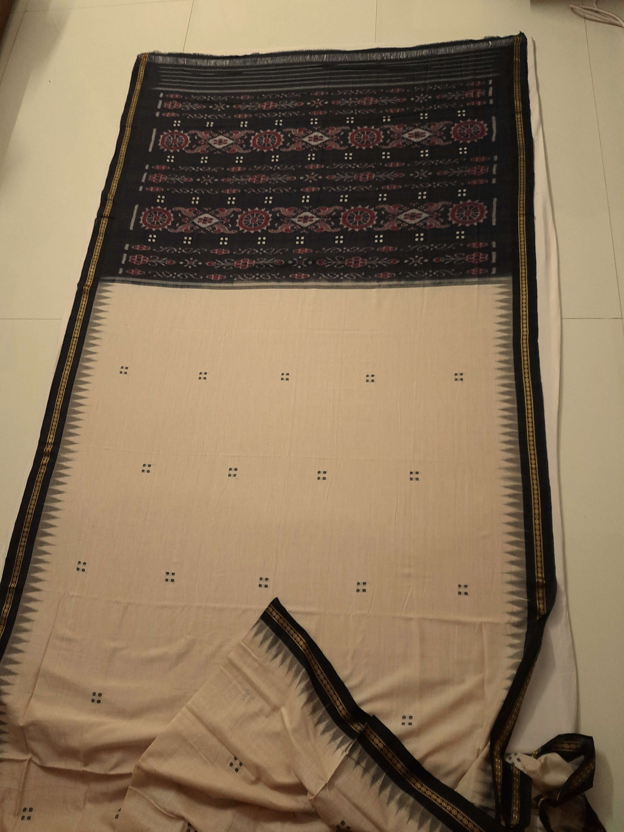 Beige with Black Cotton Odisha Ikat saree  with mix match cotton ikat blouse