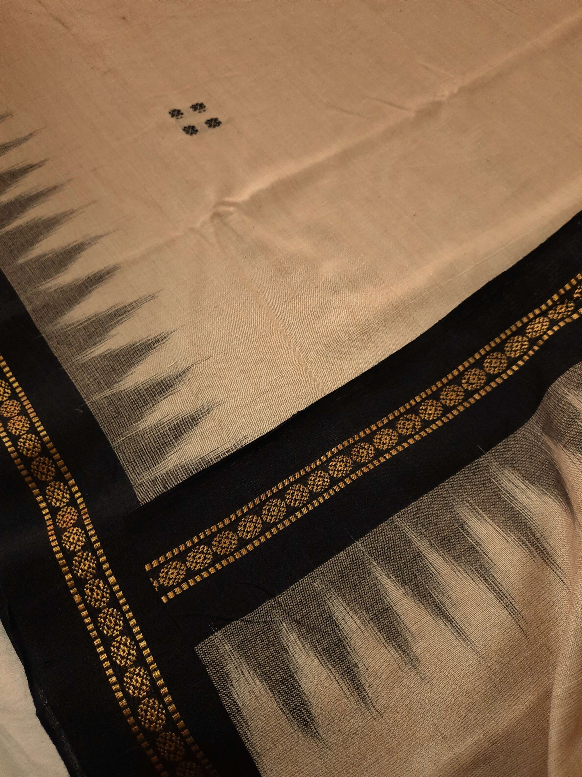 Beige with Black Cotton Odisha Ikat saree  with mix match cotton ikat blouse
