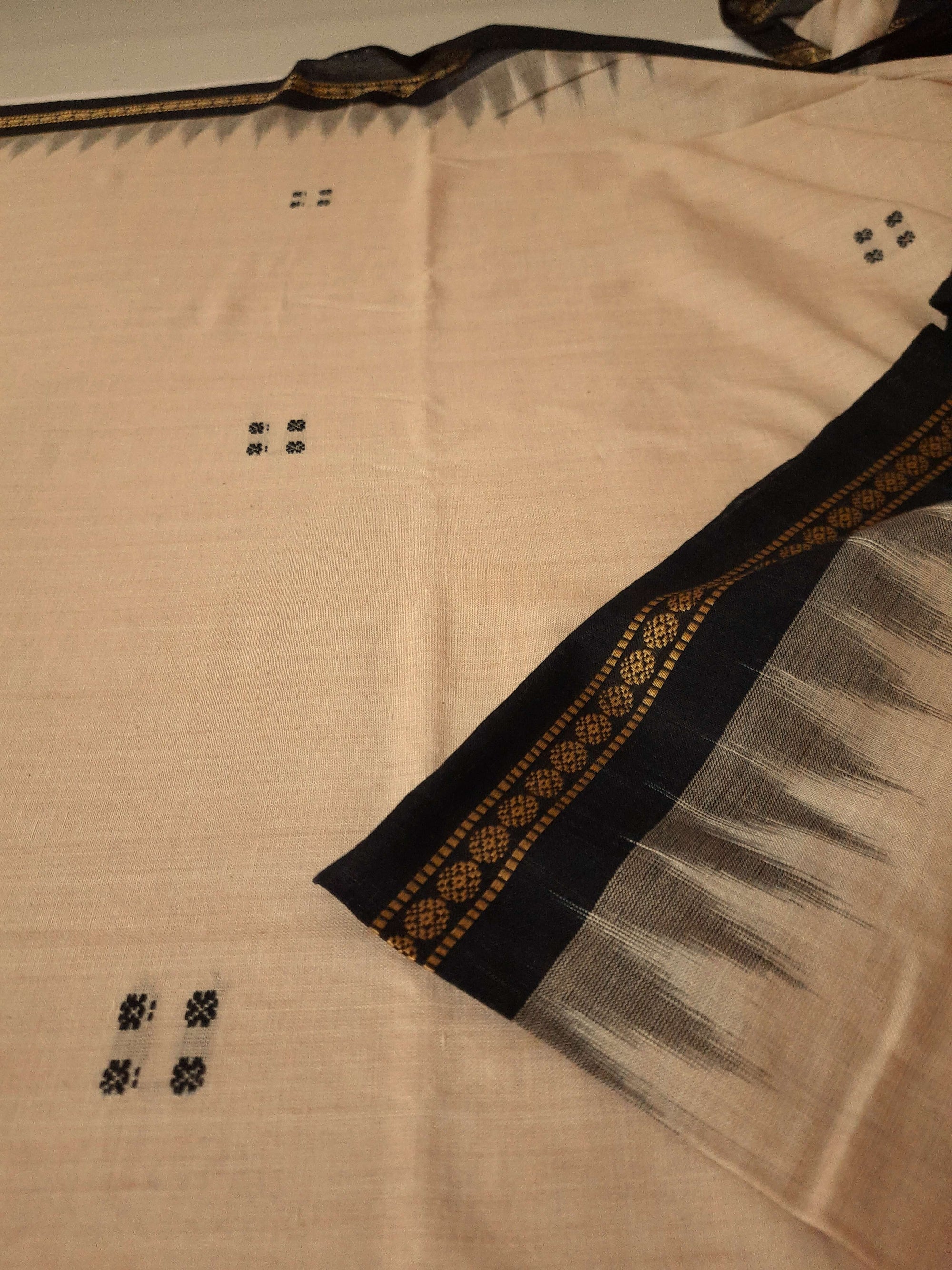 Beige with Black Cotton Odisha Ikat saree  with mix match cotton ikat blouse