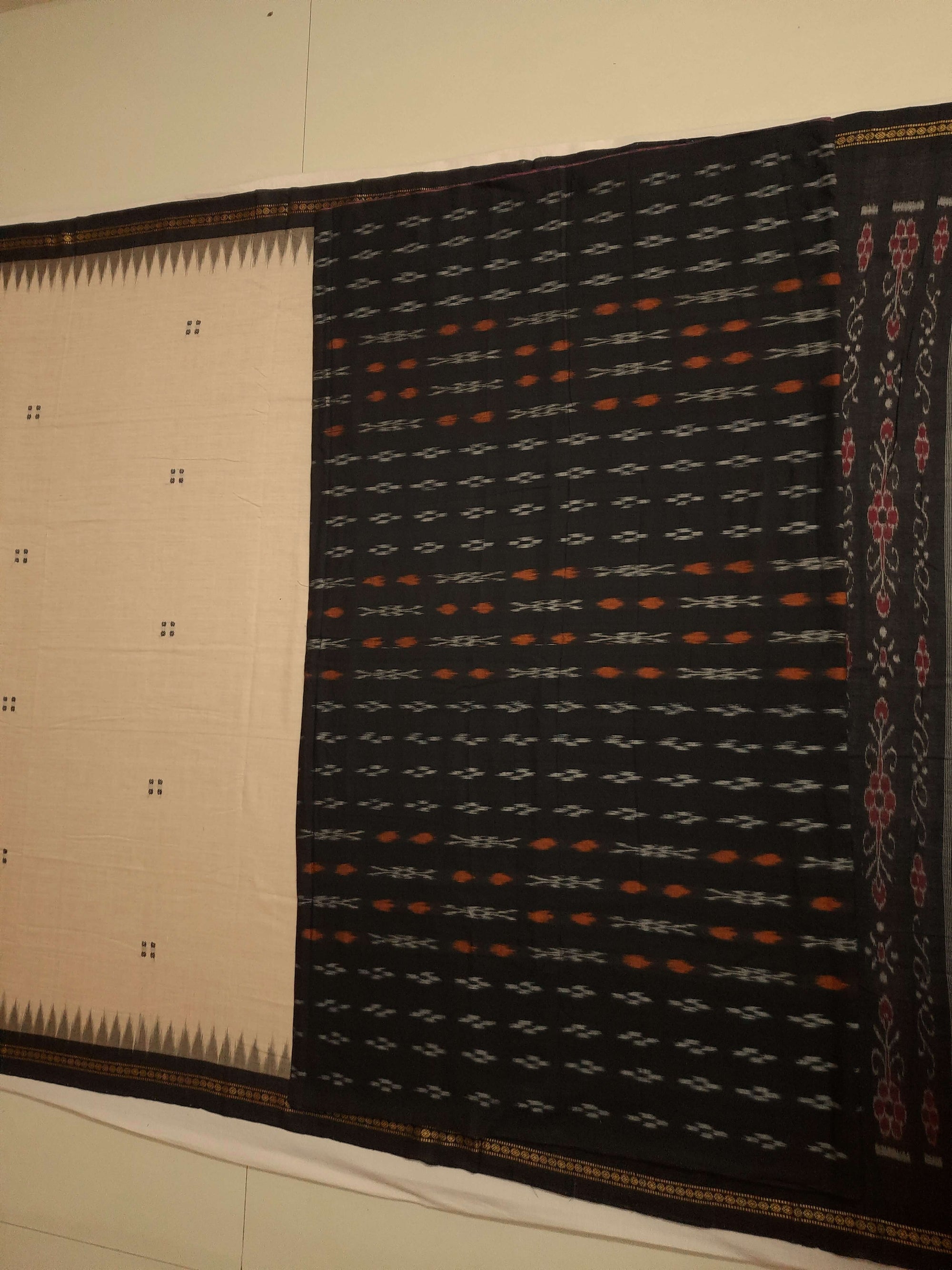 Beige with Black Cotton Odisha Ikat saree  with mix match cotton ikat blouse