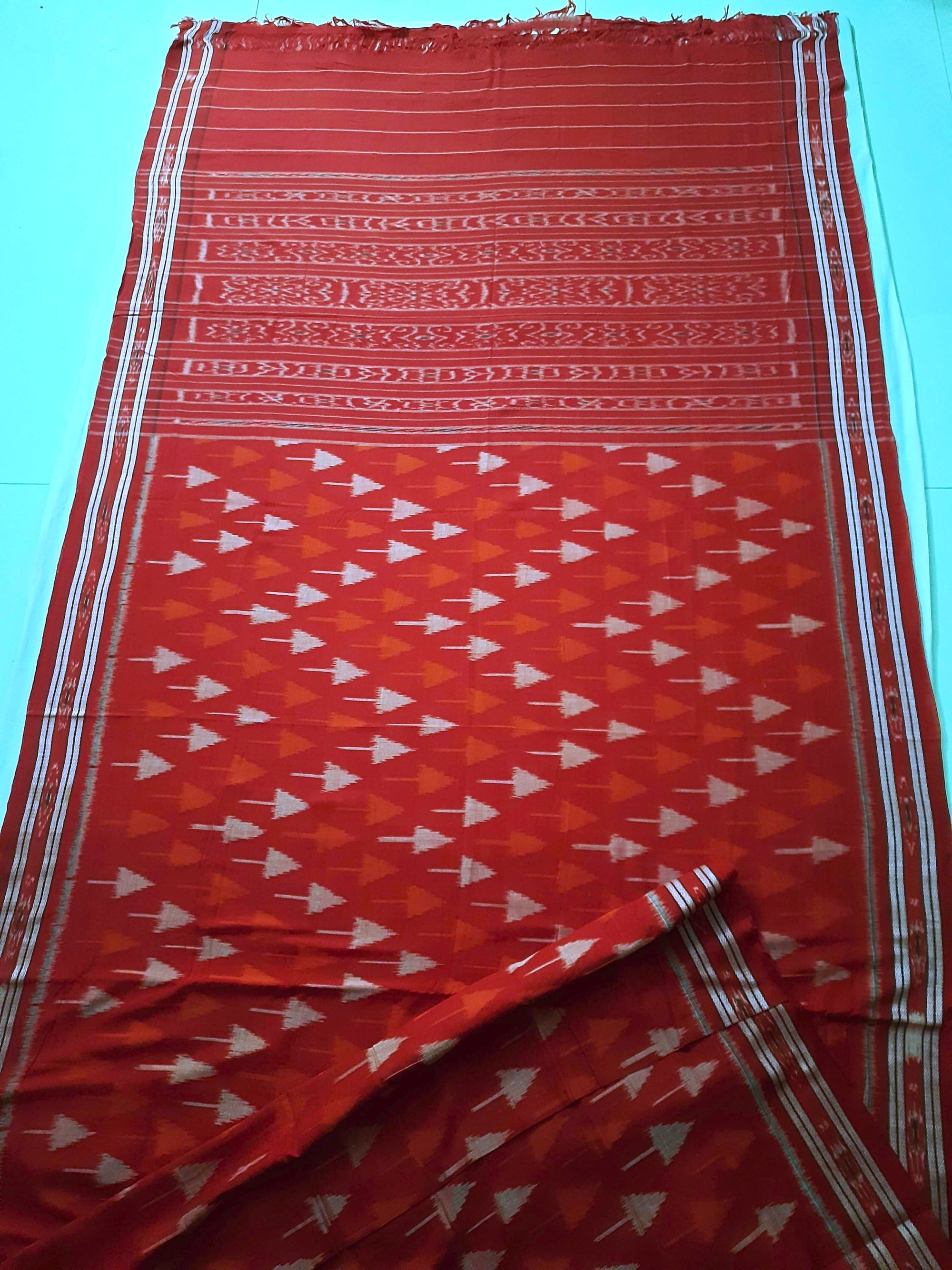 Red Cotton Ikat saree with cotton ikat blouse piece