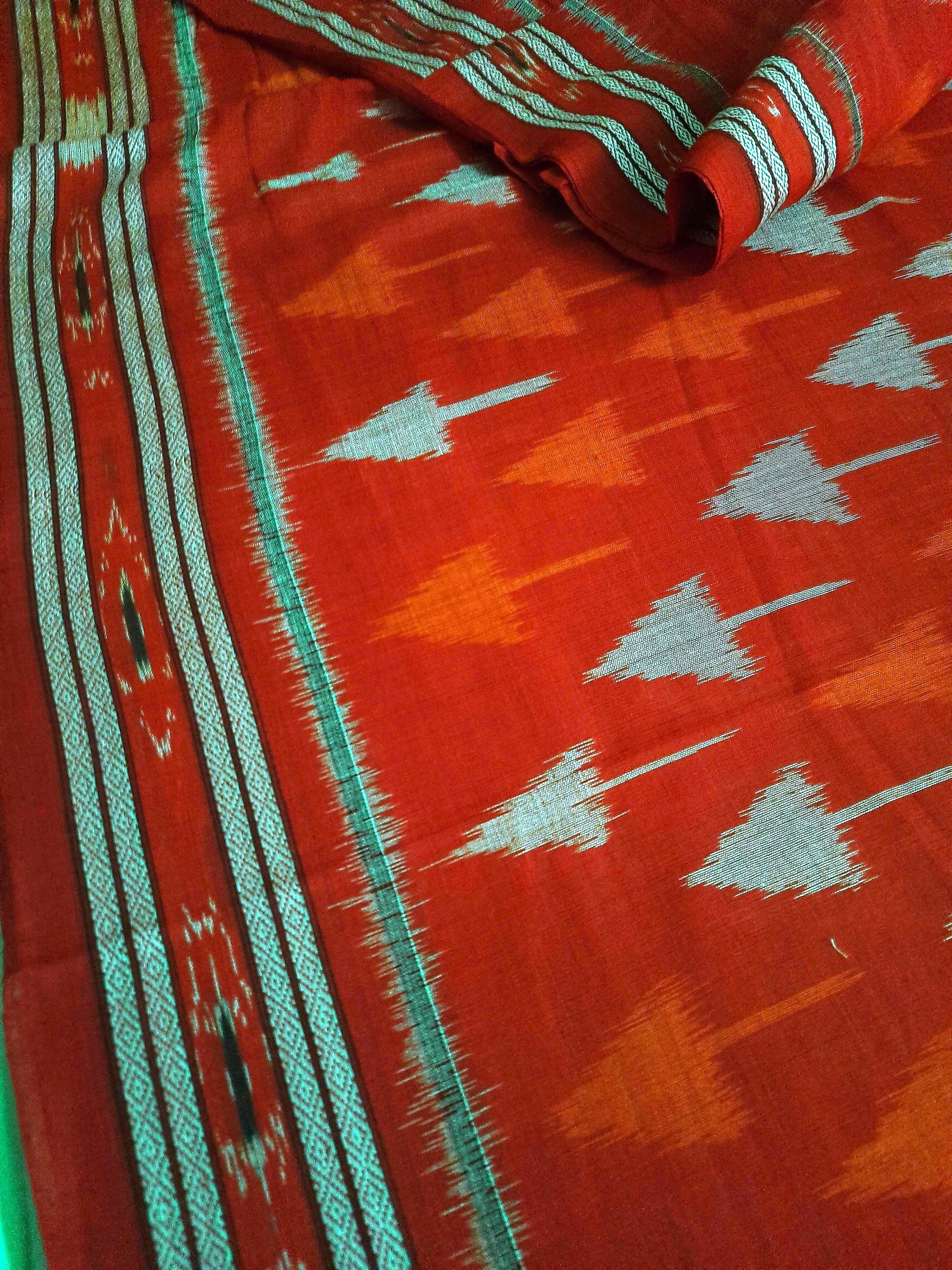 Red Cotton Ikat saree with cotton ikat blouse piece