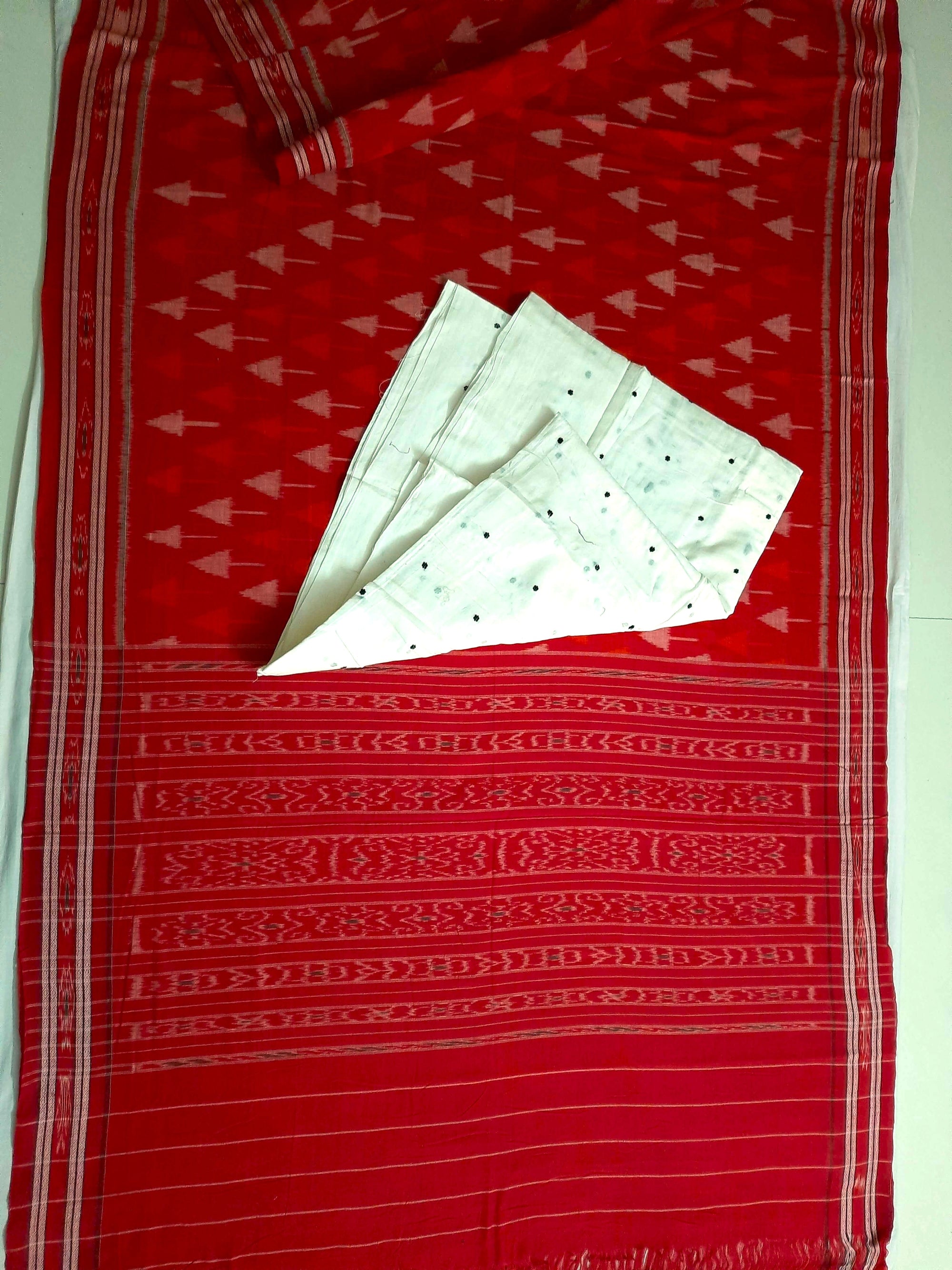 Red Cotton Ikat saree with cotton ikat blouse piece