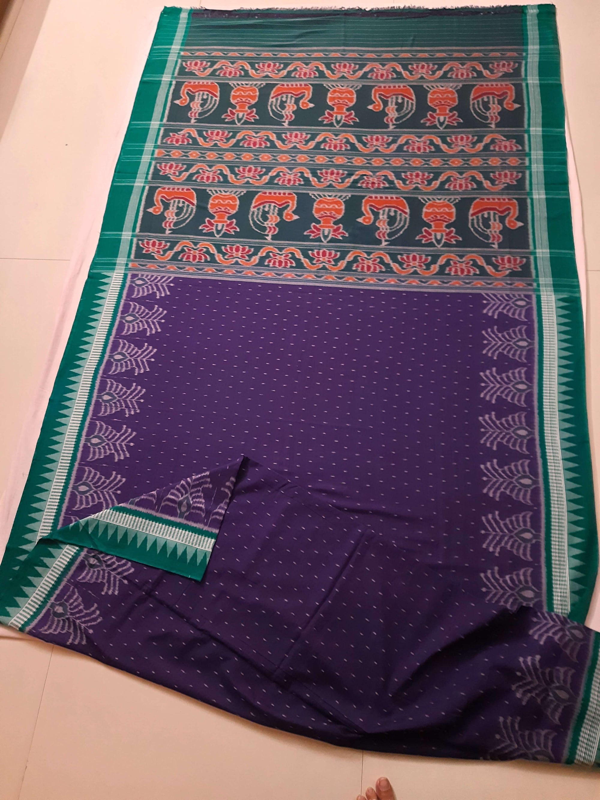 Purple with Green Cotton Ikat saree with cotton ikat blouse piece