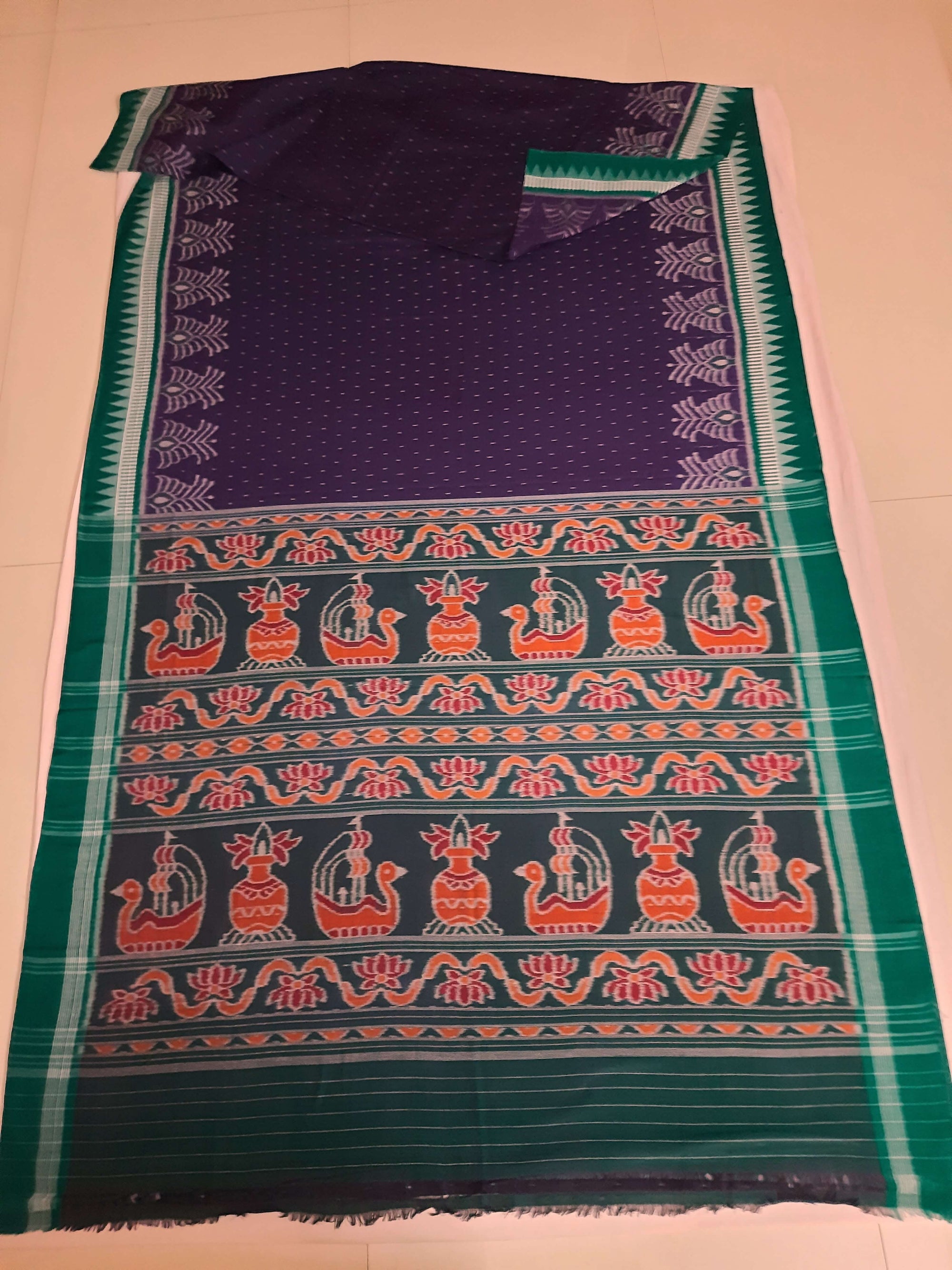 Purple with Green Cotton Ikat saree with cotton ikat blouse piece