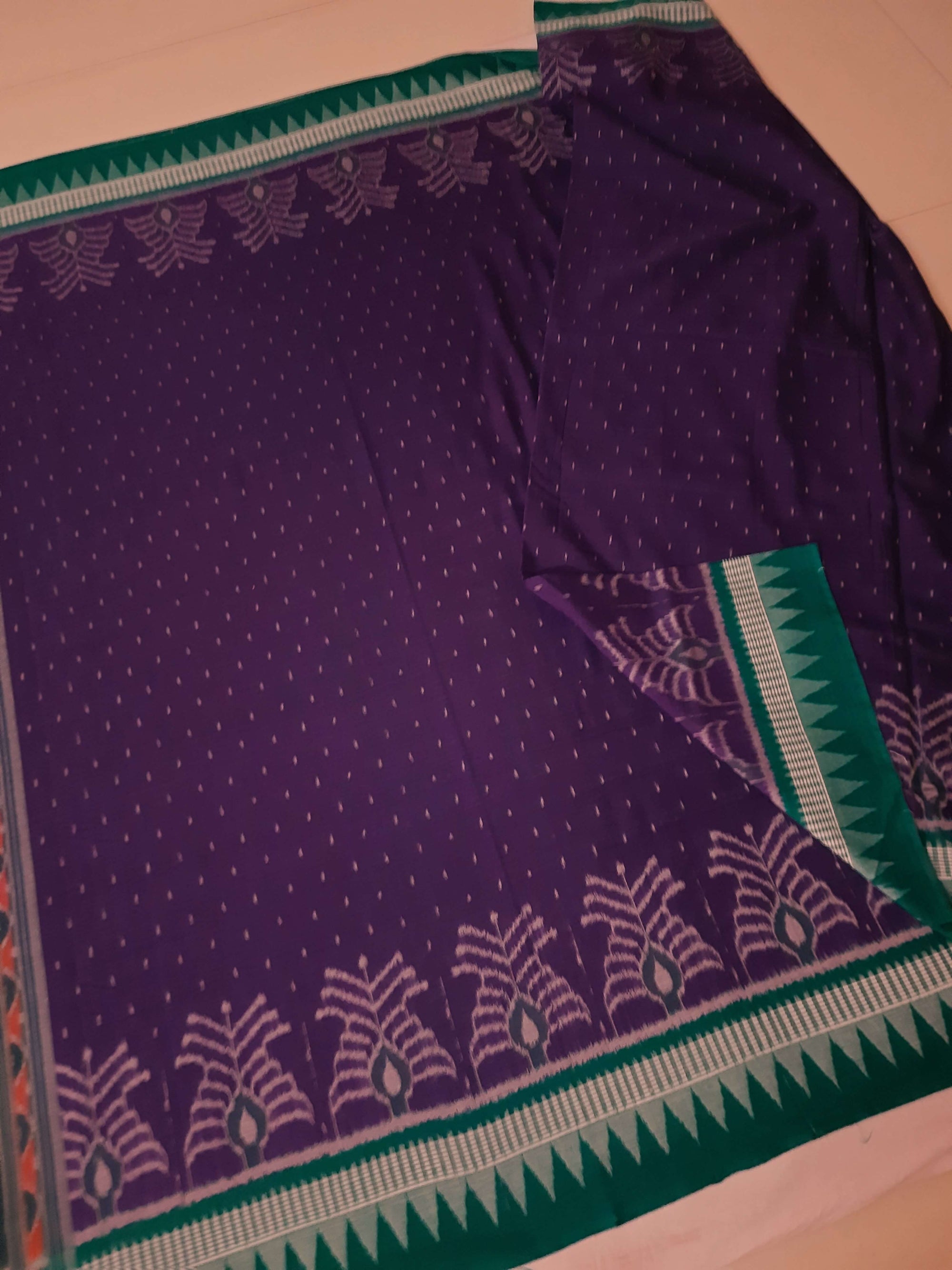 Purple with Green Cotton Ikat saree with cotton ikat blouse piece
