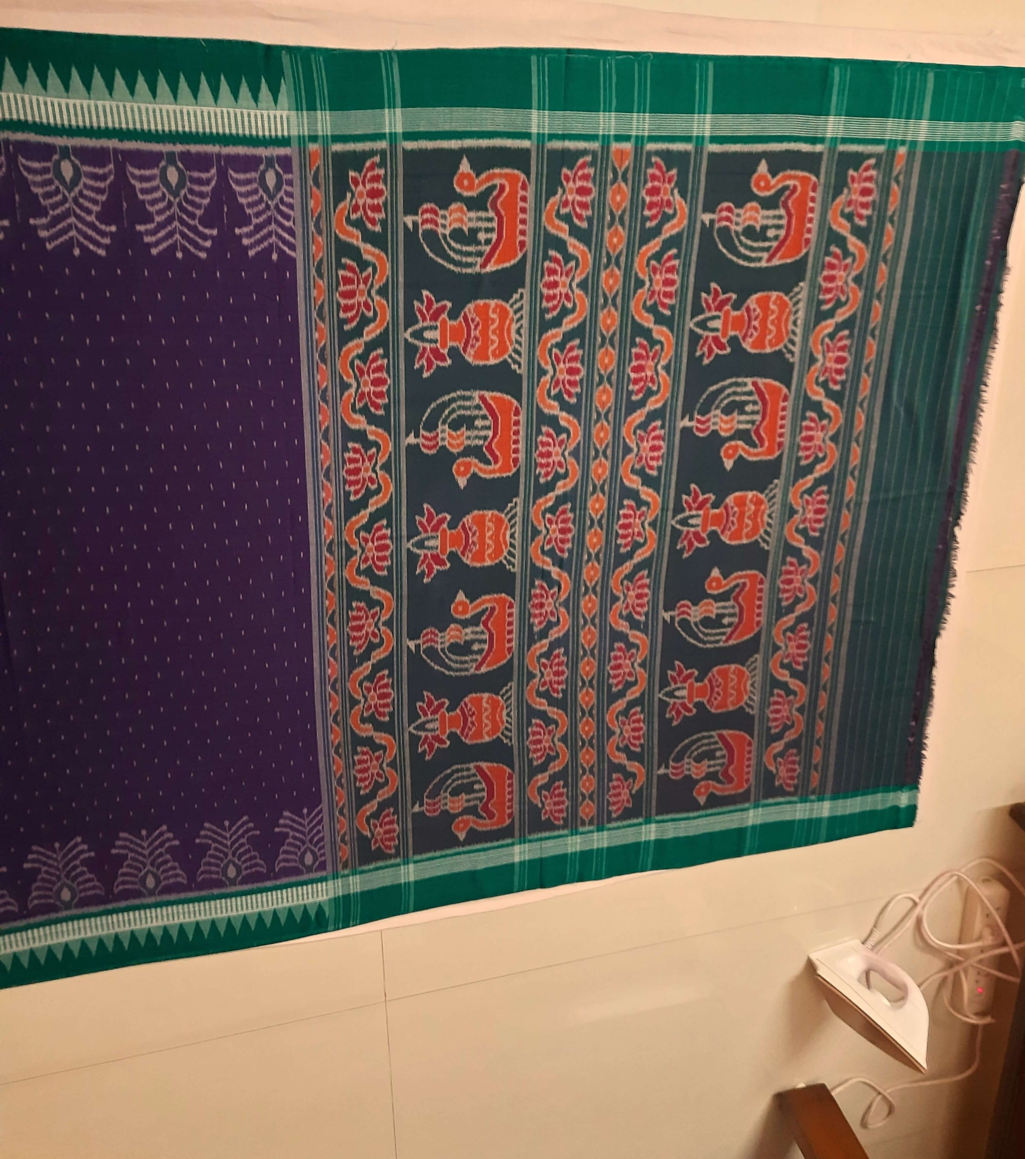 Purple with Green Cotton Ikat saree with cotton ikat blouse piece