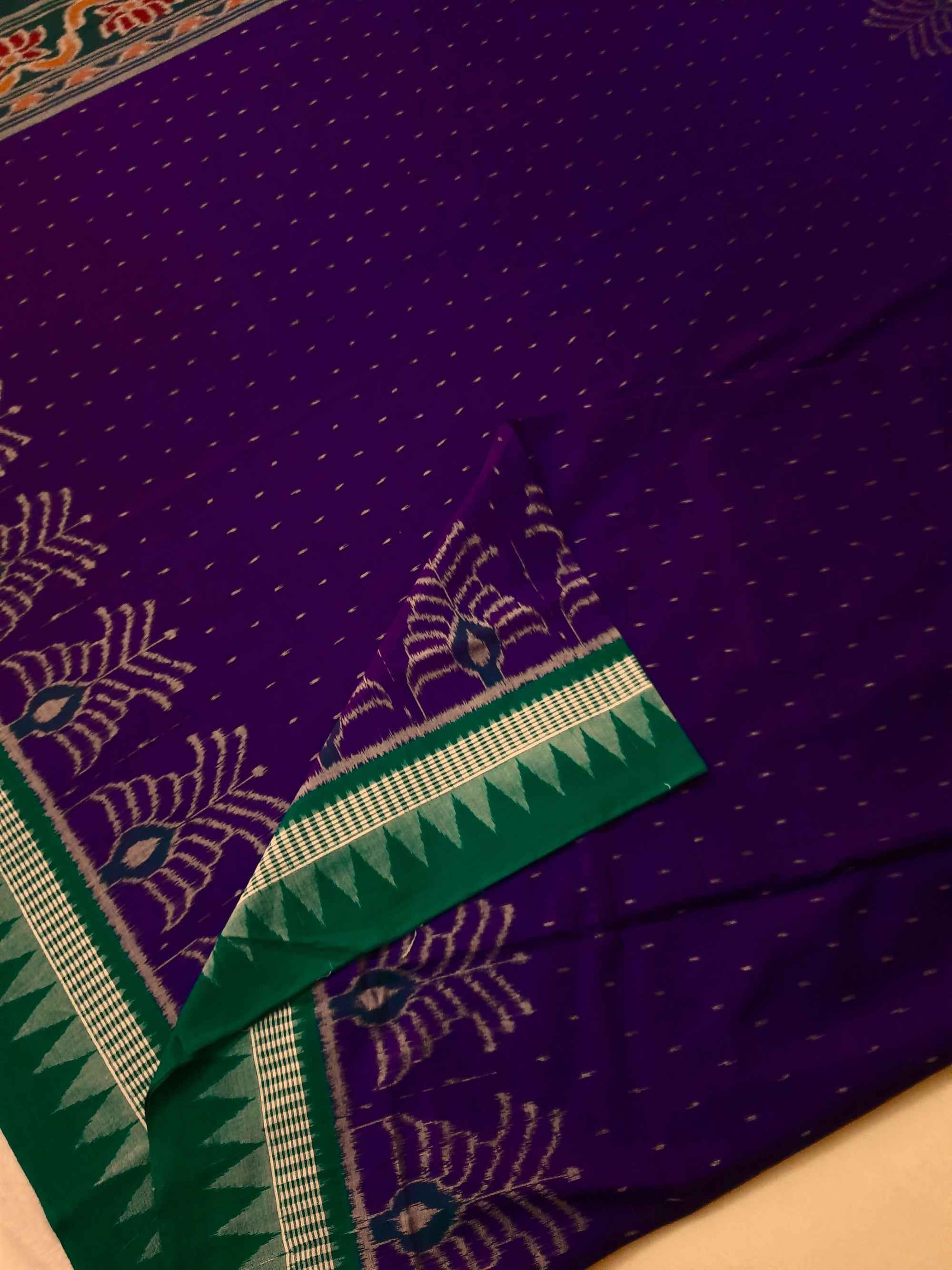Purple with Green Cotton Ikat saree with cotton ikat blouse piece
