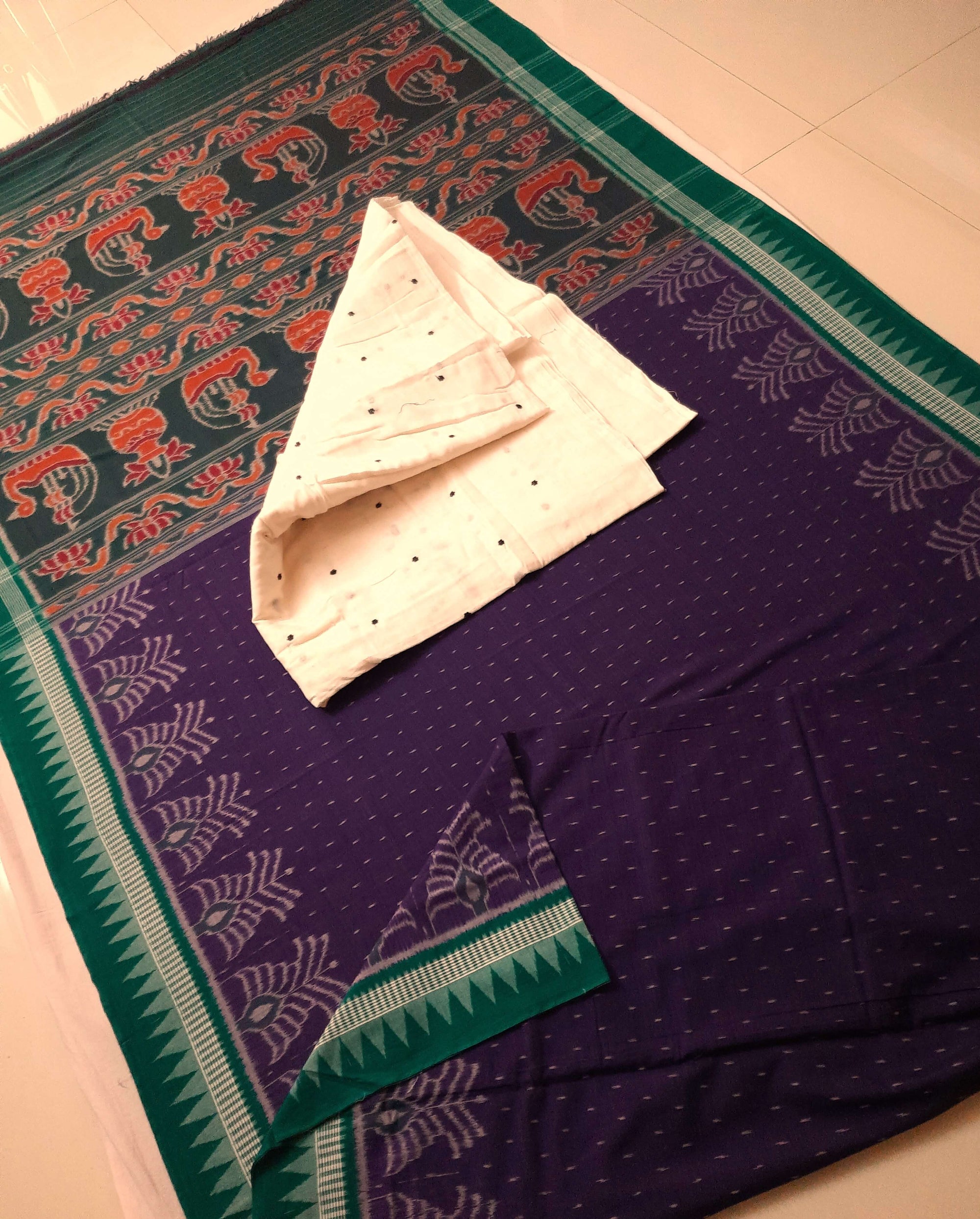 Purple with Green Cotton Ikat saree with cotton ikat blouse piece
