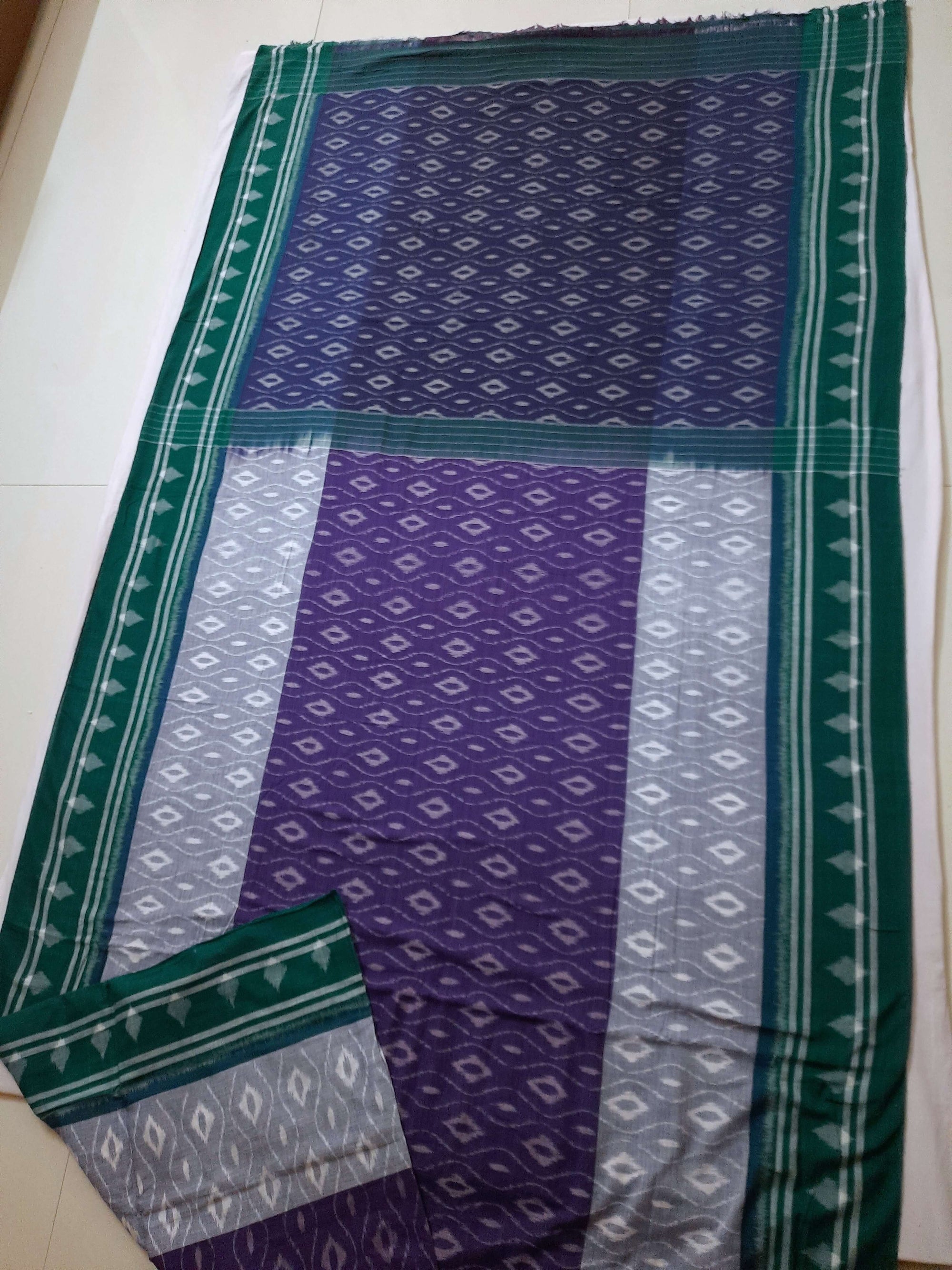 Purple and Green Cotton Ikat saree with cotton ikat blouse piece
