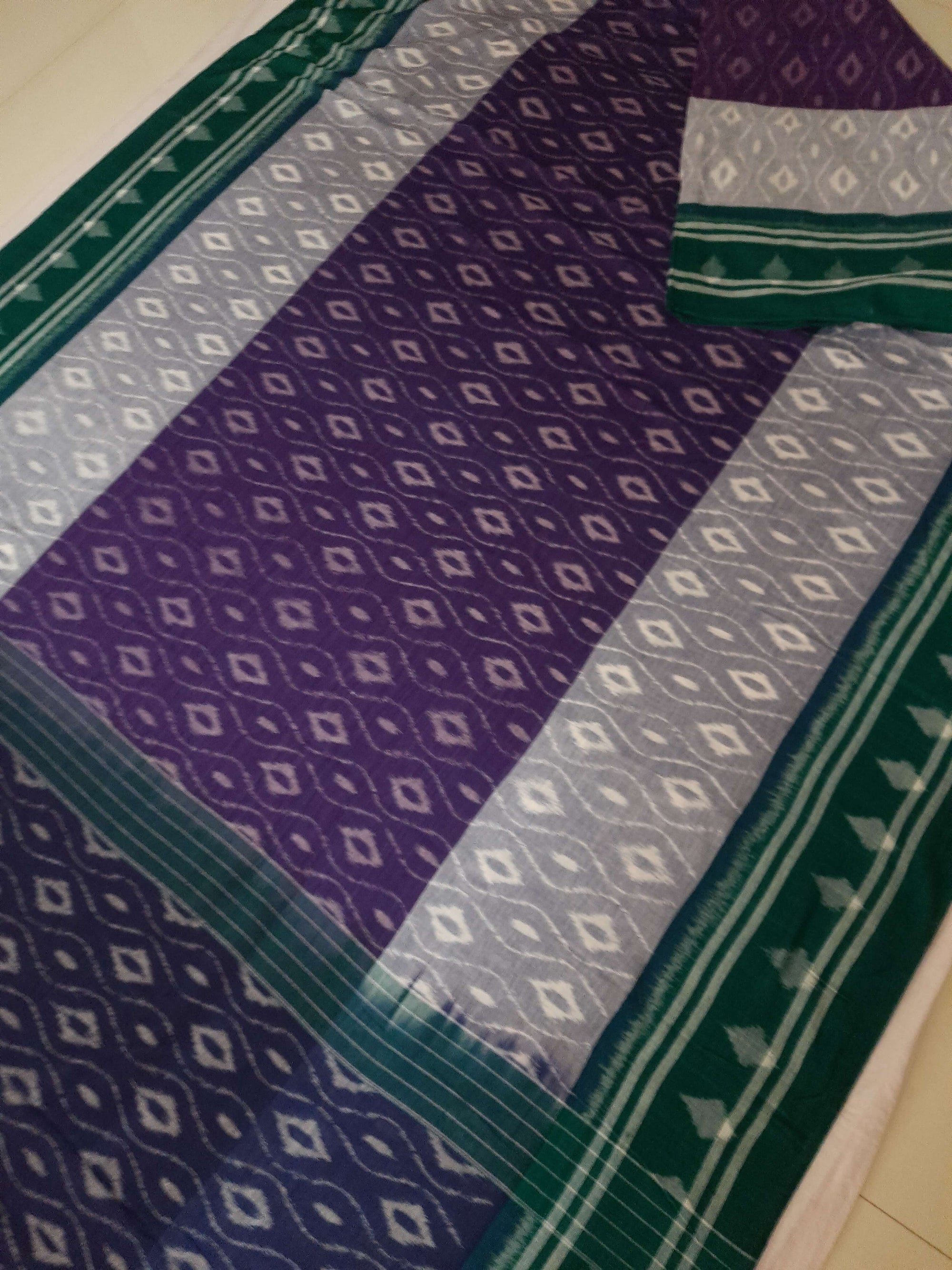 Purple and Green Cotton Ikat saree with cotton ikat blouse piece