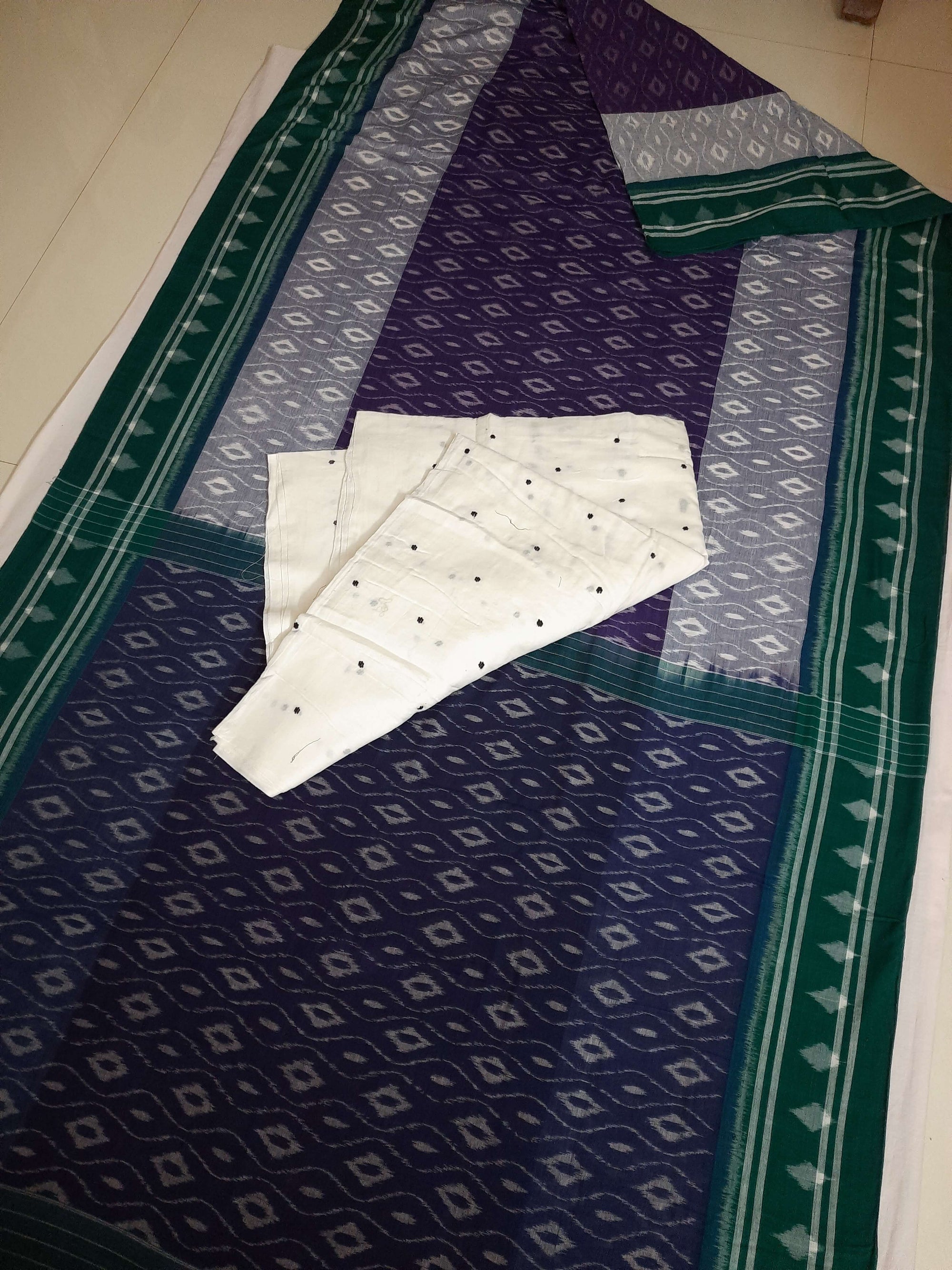 Purple and Green Cotton Ikat saree with cotton ikat blouse piece