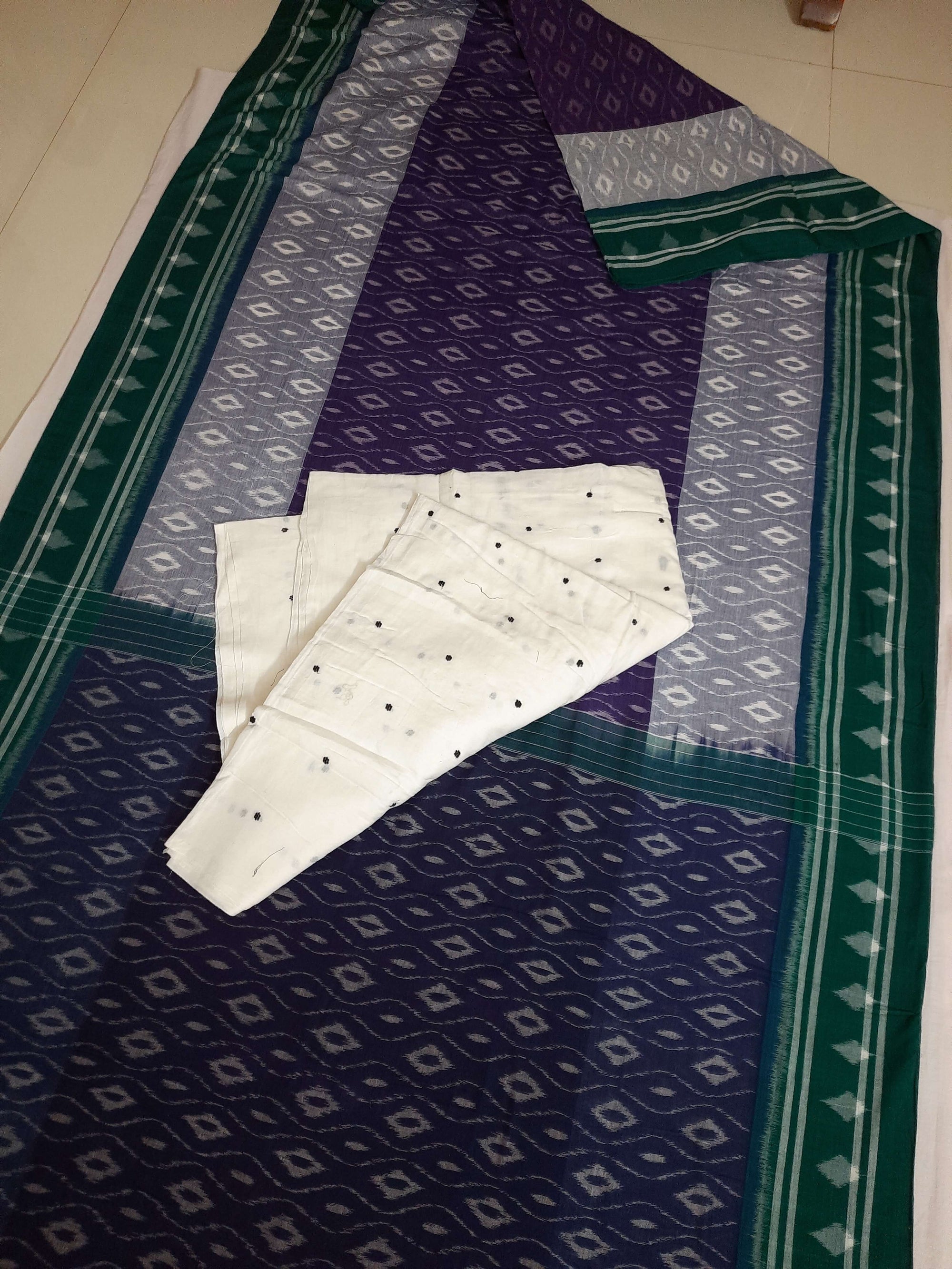 Purple and Green Cotton Ikat saree with cotton ikat blouse piece