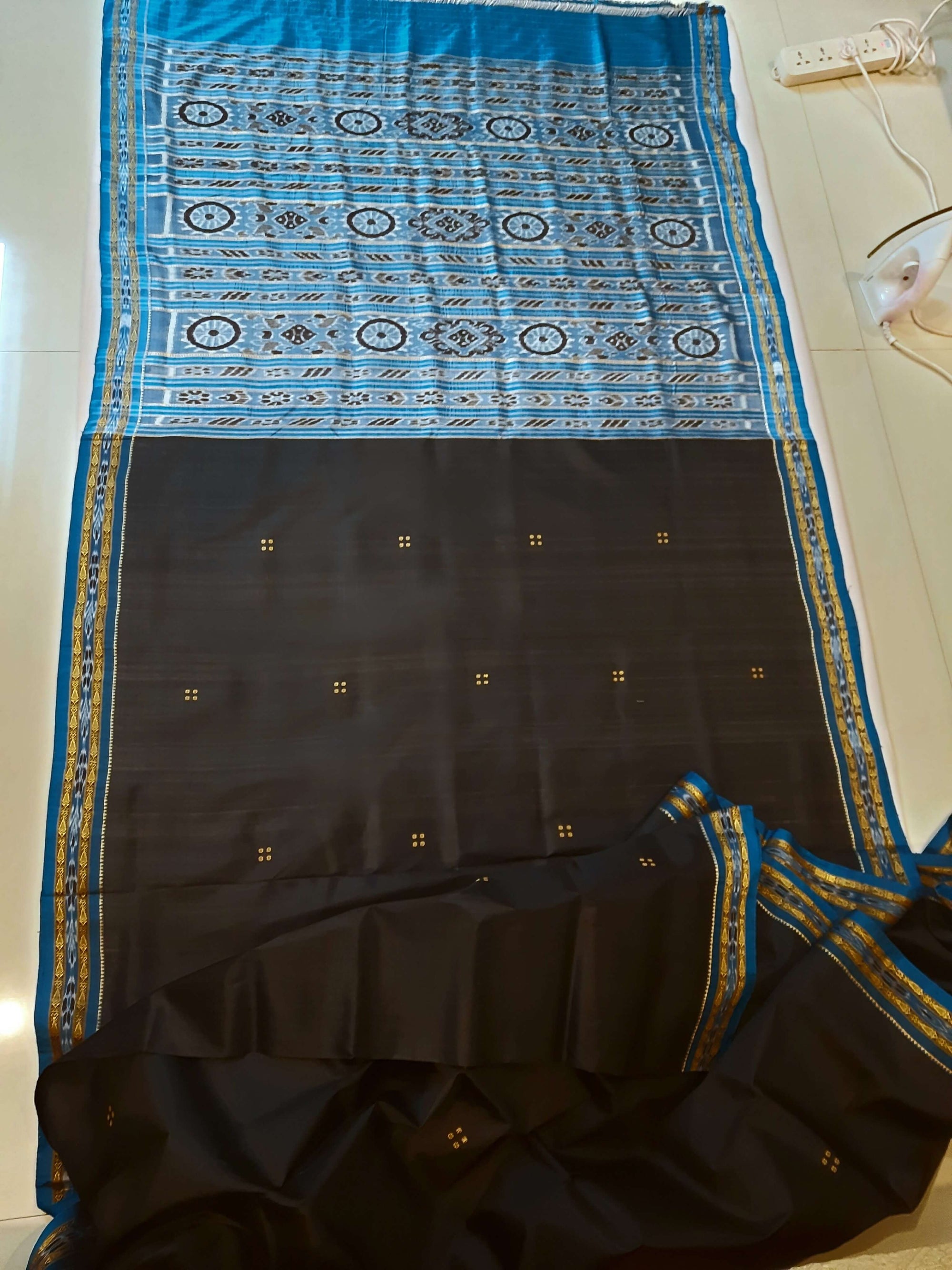 Black with Blue Fish motif Odisha Khandua Patta Silk Saree paired with cotton ikat blouse piece