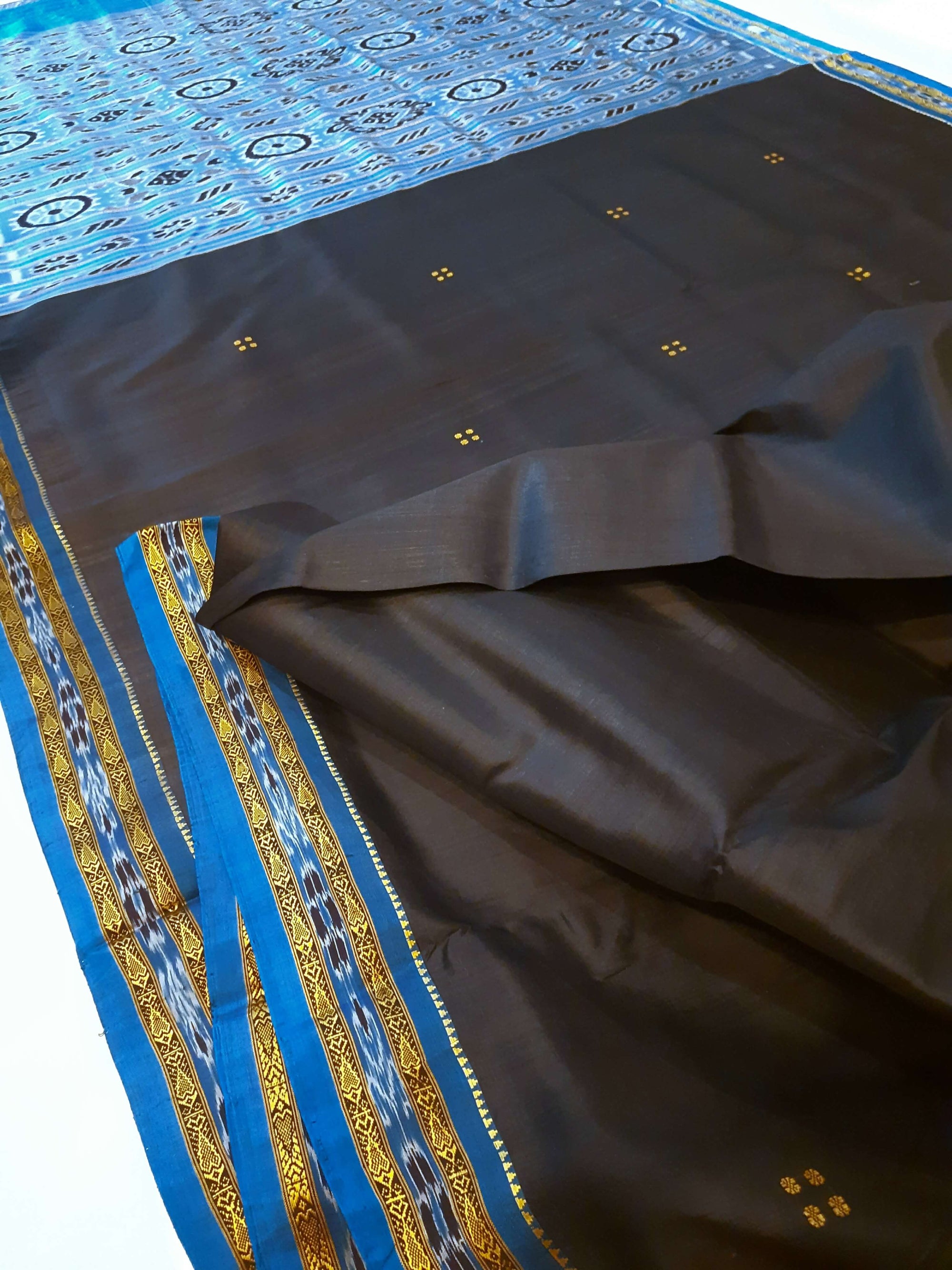 Black with Blue Fish motif Odisha Khandua Patta Silk Saree paired with cotton ikat blouse piece