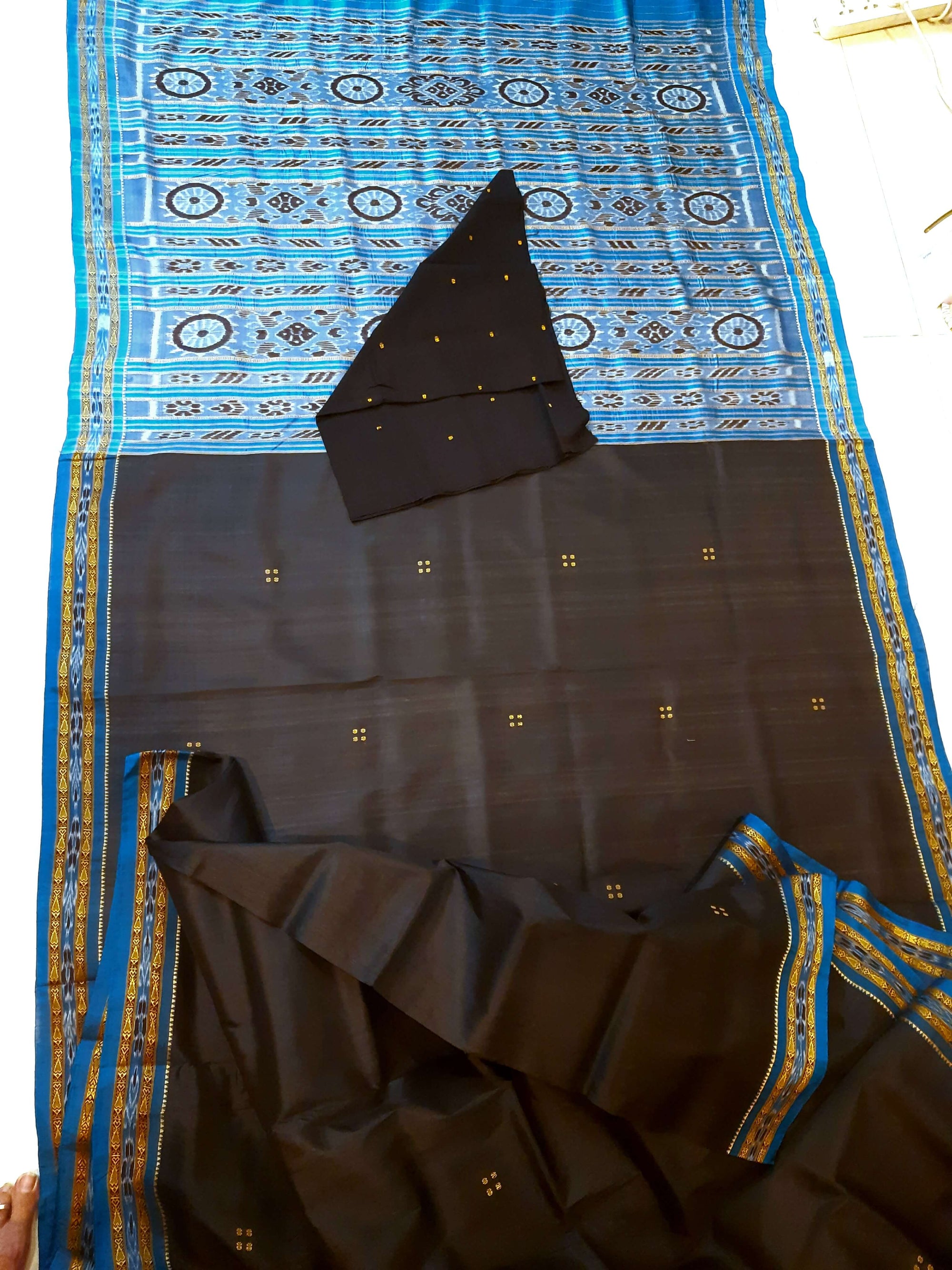 Black with Blue Fish motif Odisha Khandua Patta Silk Saree paired with cotton ikat blouse piece