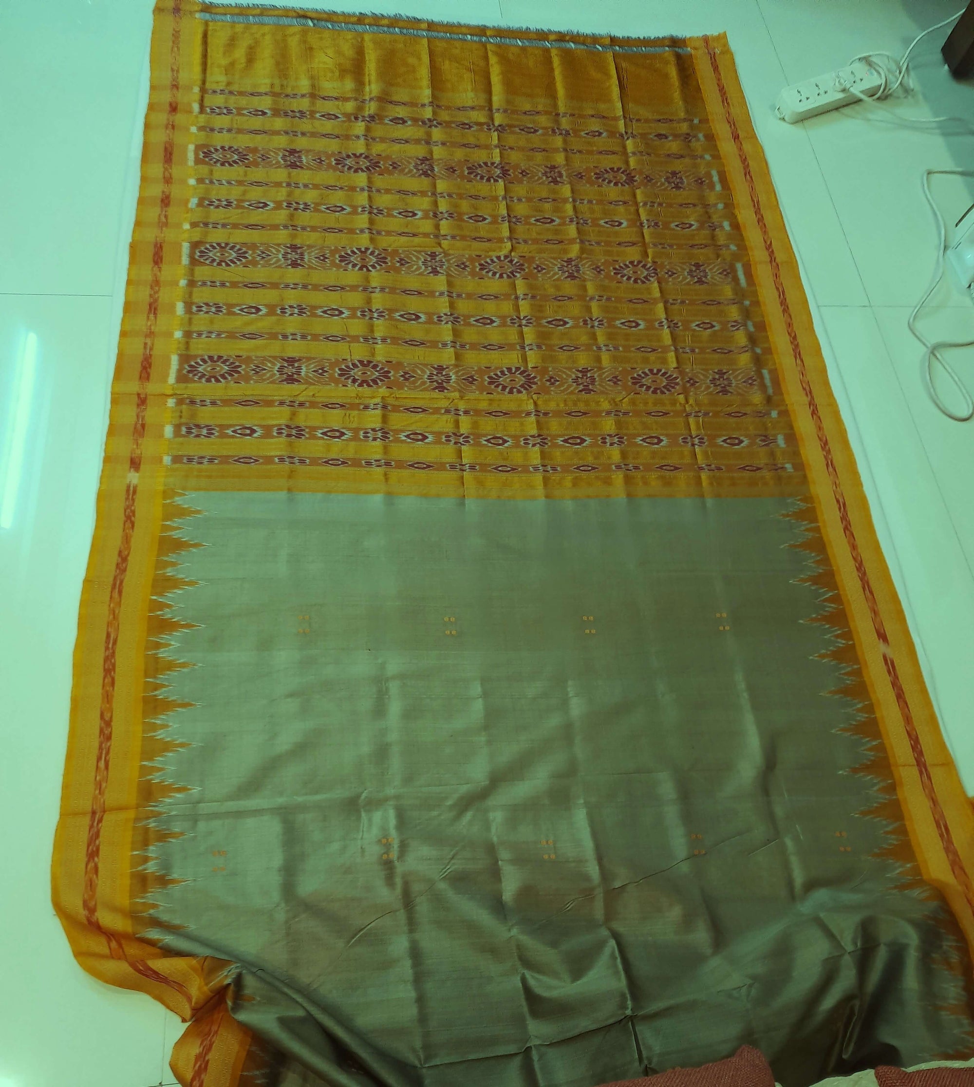 Greenish Yellow with Orange Odisha Khandua Silk Saree with cotton ikat blouse piece