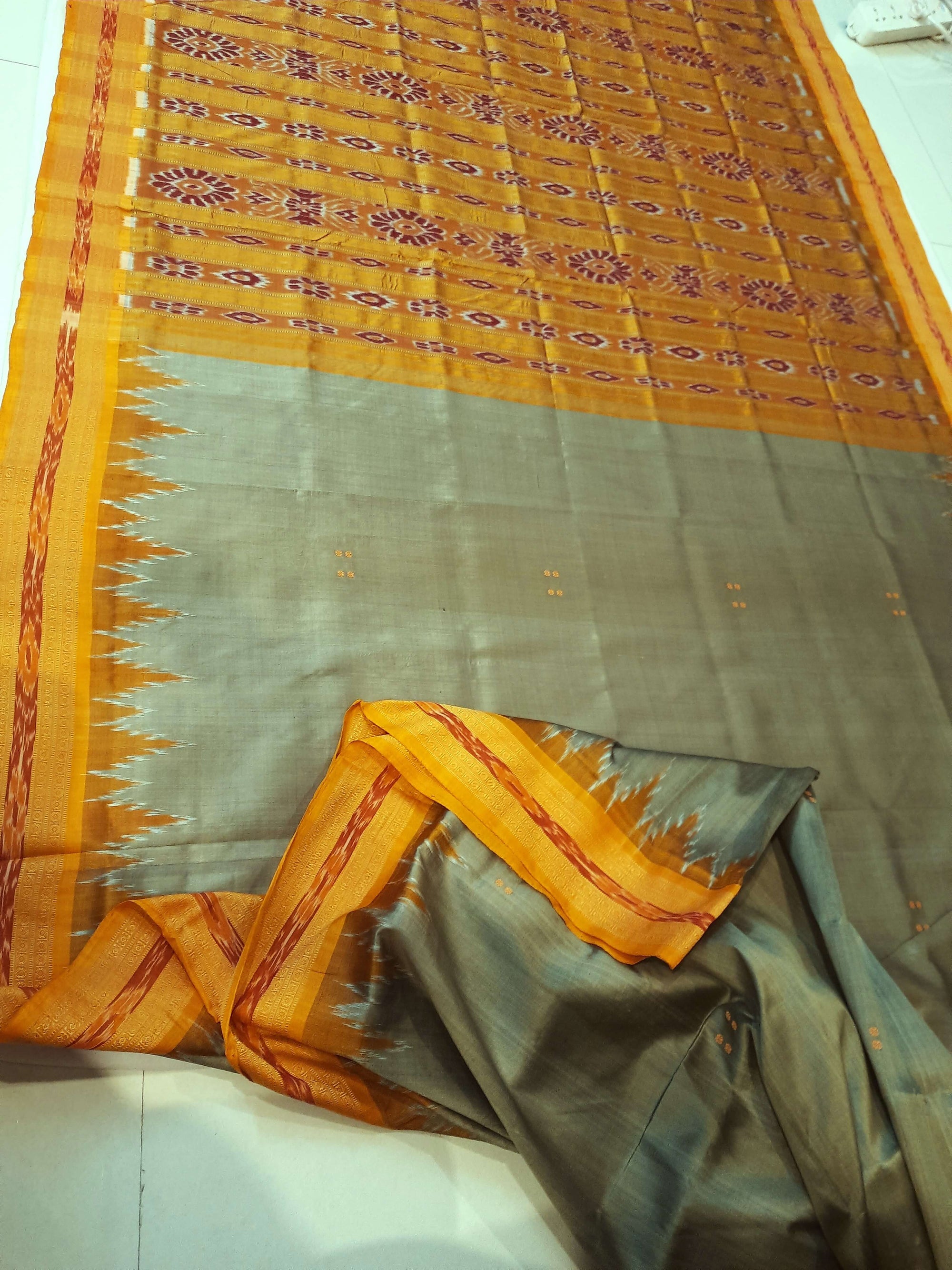 Greenish Yellow with Orange Odisha Khandua Silk Saree with cotton ikat blouse piece