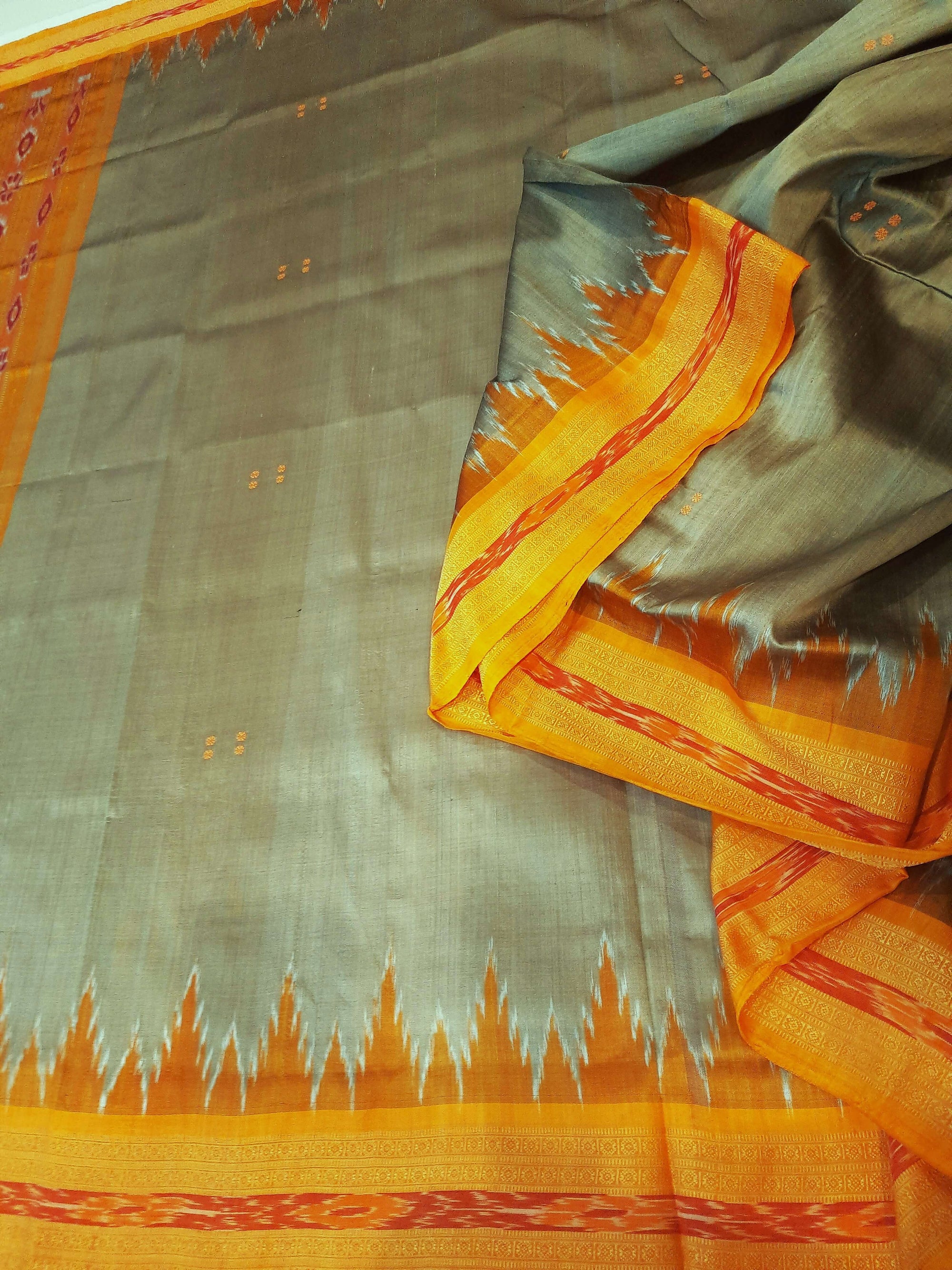 Greenish Yellow with Orange Odisha Khandua Silk Saree with cotton ikat blouse piece