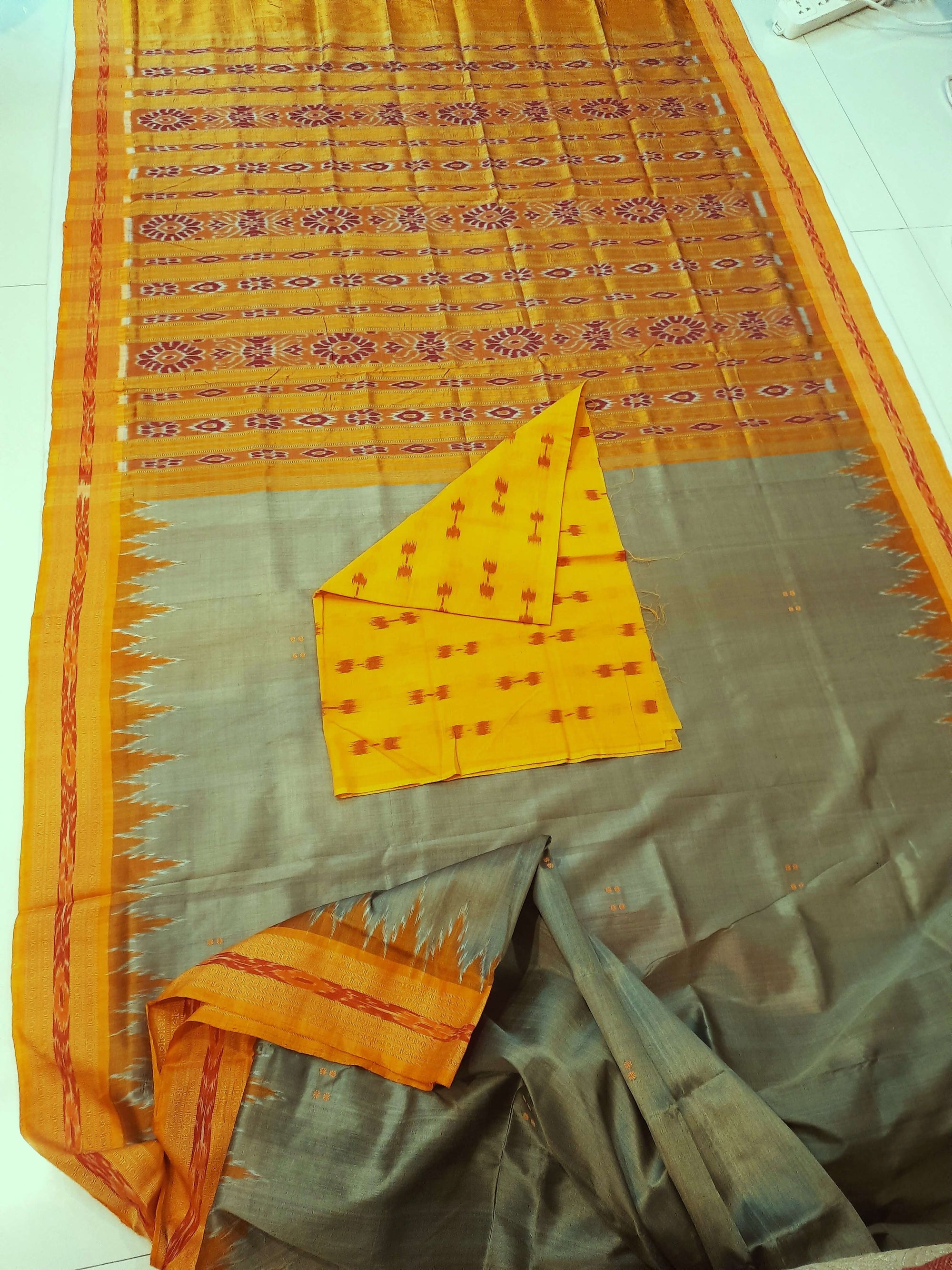 Greenish Yellow with Orange Odisha Khandua Silk Saree with cotton ikat blouse piece