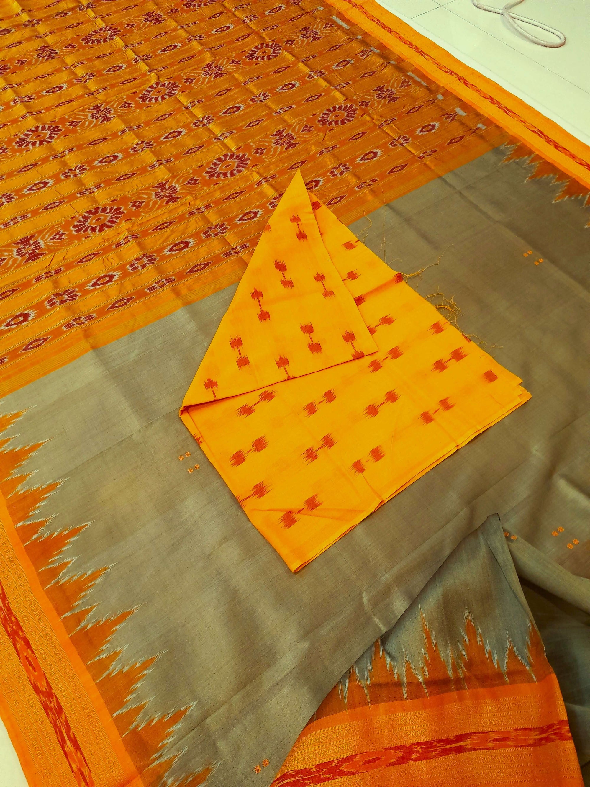 Greenish Yellow with Orange Odisha Khandua Silk Saree with cotton ikat blouse piece