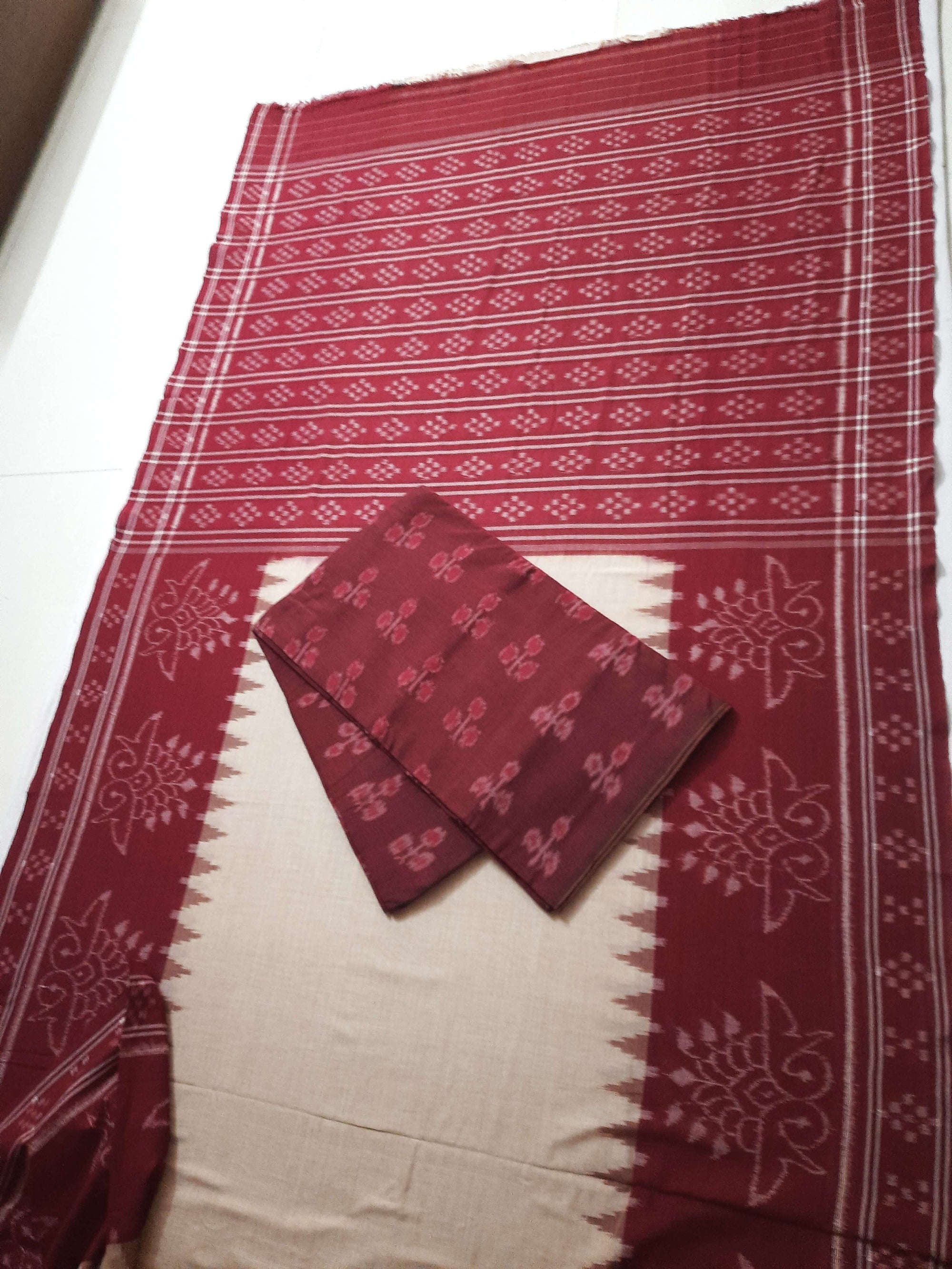 Beige and Maroon wide border Cotton Odisha Ikat saree with cotton ikat blouse piece