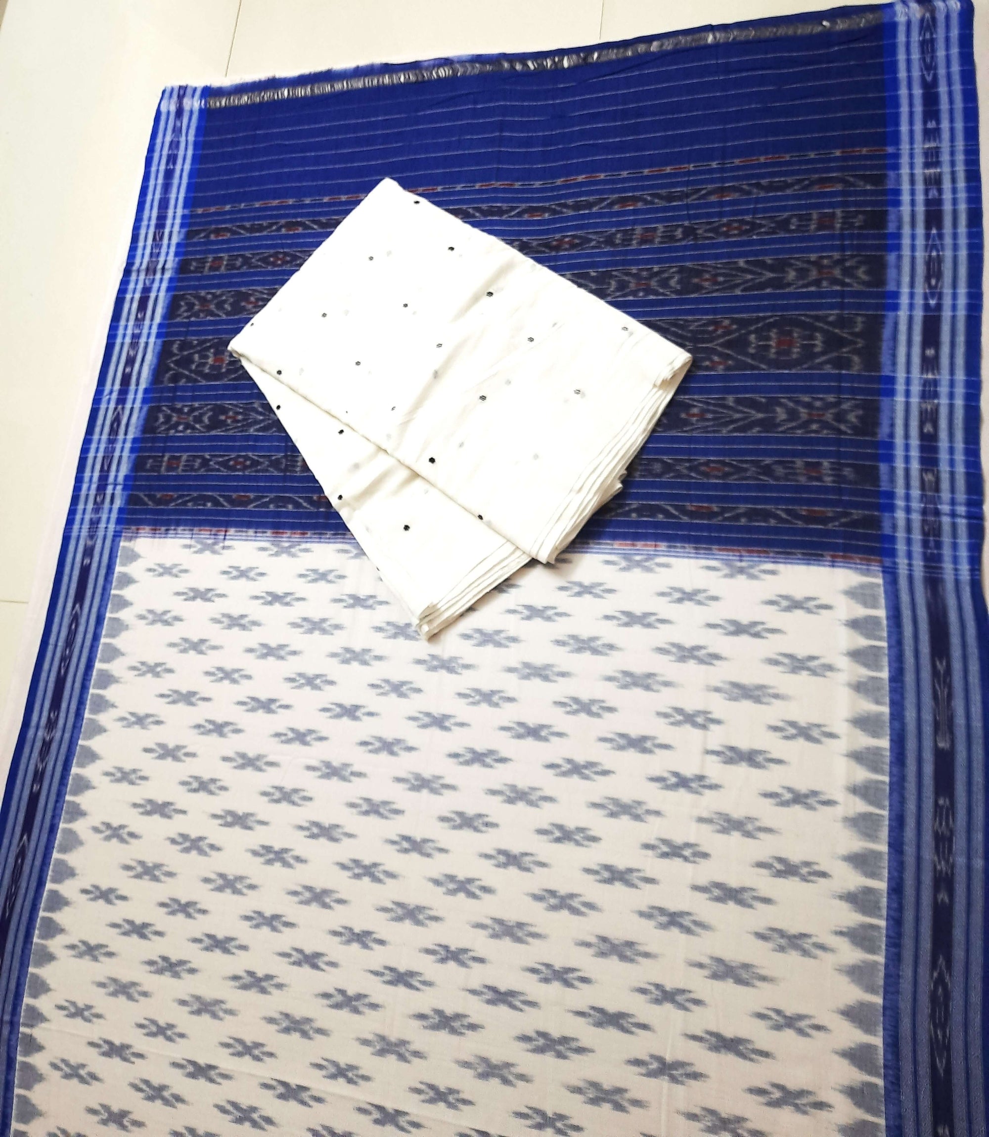 White with Blue Cotton Odisha Ikat saree with cotton ikat blouse piece