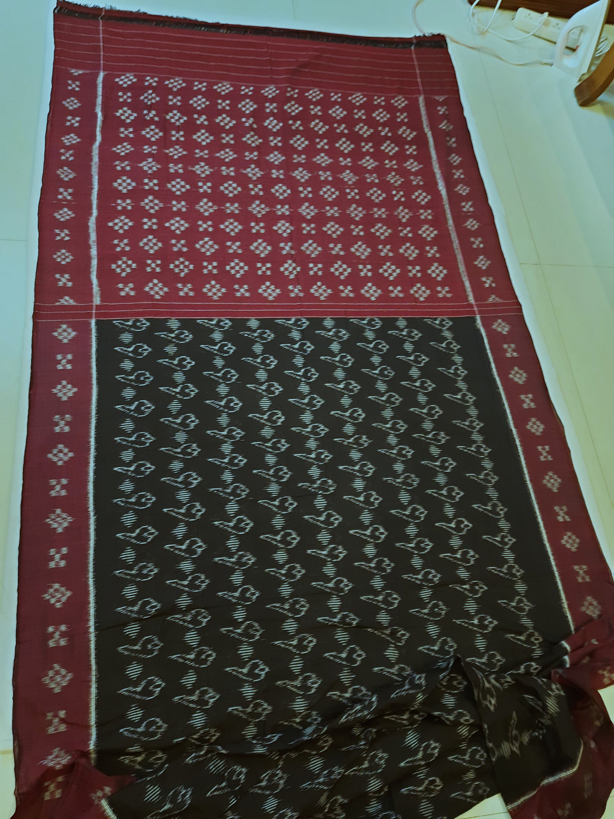 Black with Maroon Cotton Odisha Ikat saree with matching blouse piece