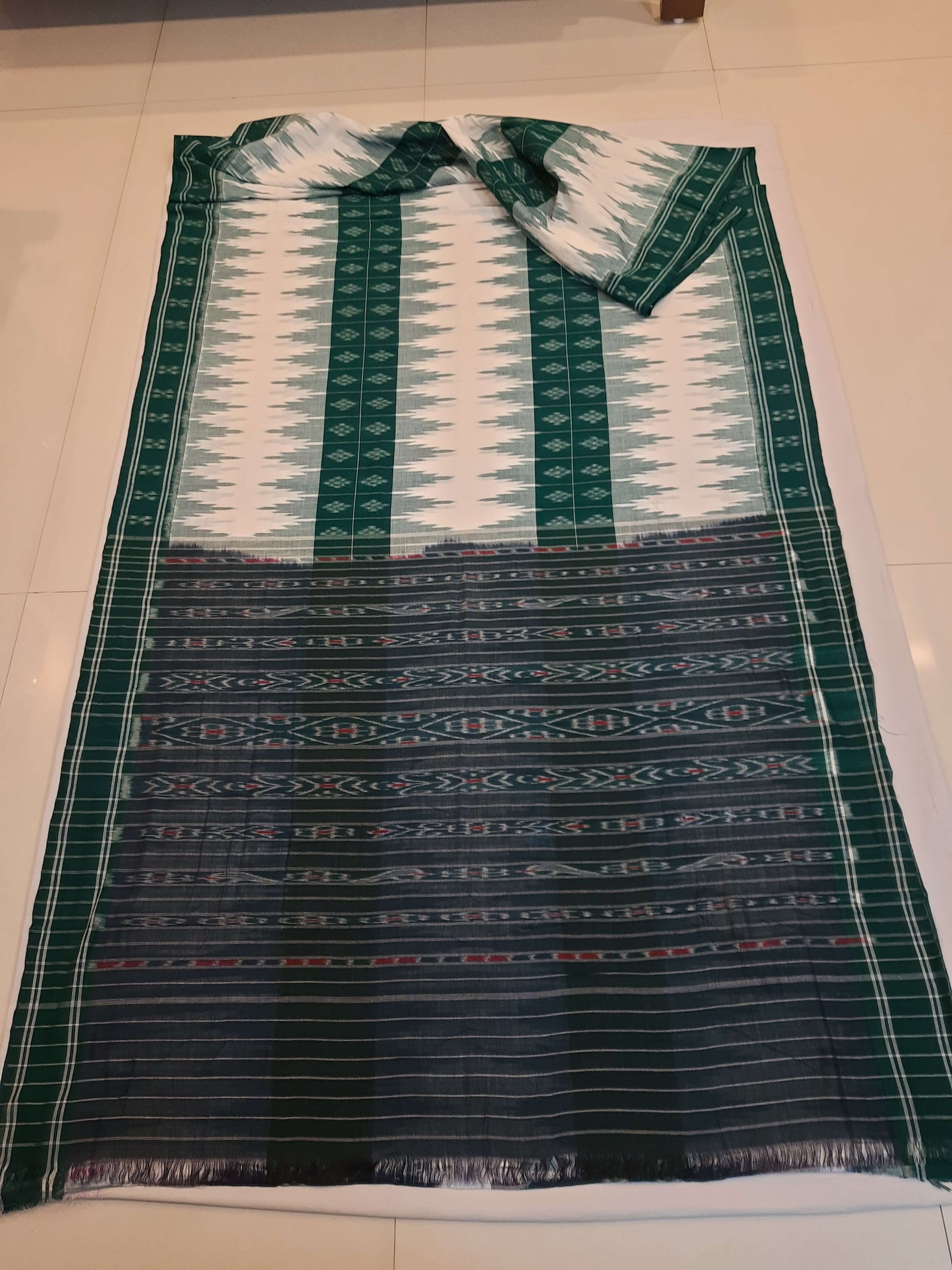 White and Green Cotton Odisha Ikat saree with mix match blouse piece