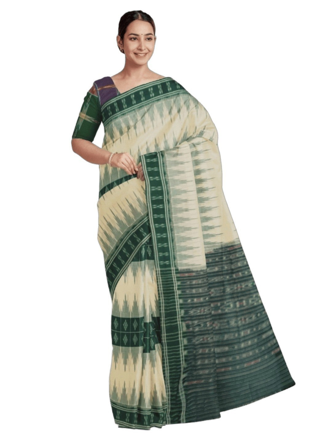 White and Green Cotton Odisha Ikat saree with mix match blouse piece