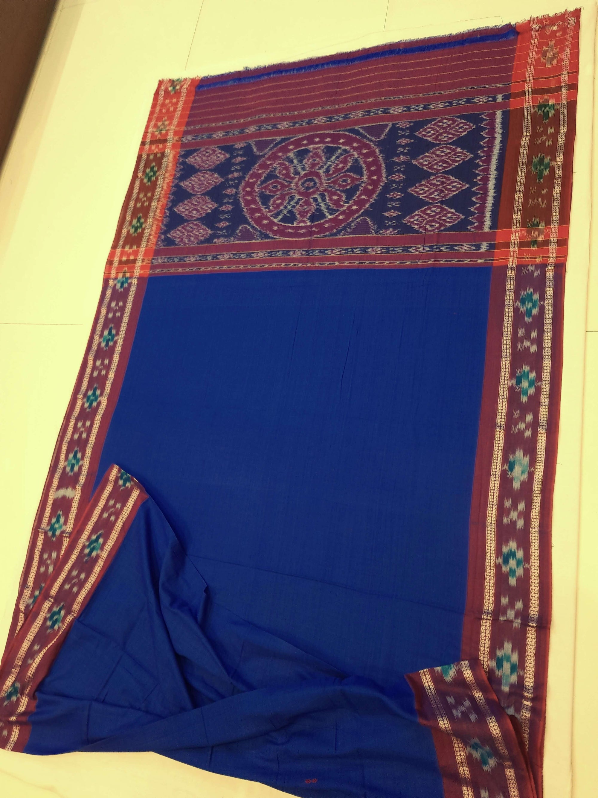 Dark Blue Cotton Odisha Ikat saree  with mix match cotton ikat blouse