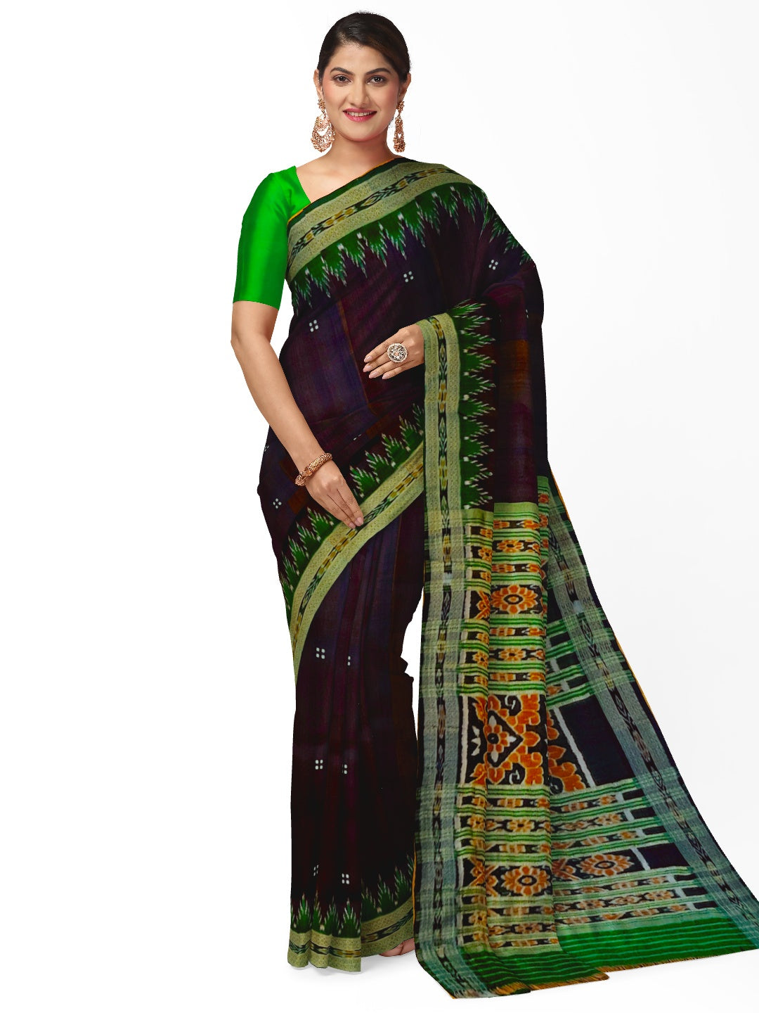 Black with Green Odisha Khandua Pata Silk Saree