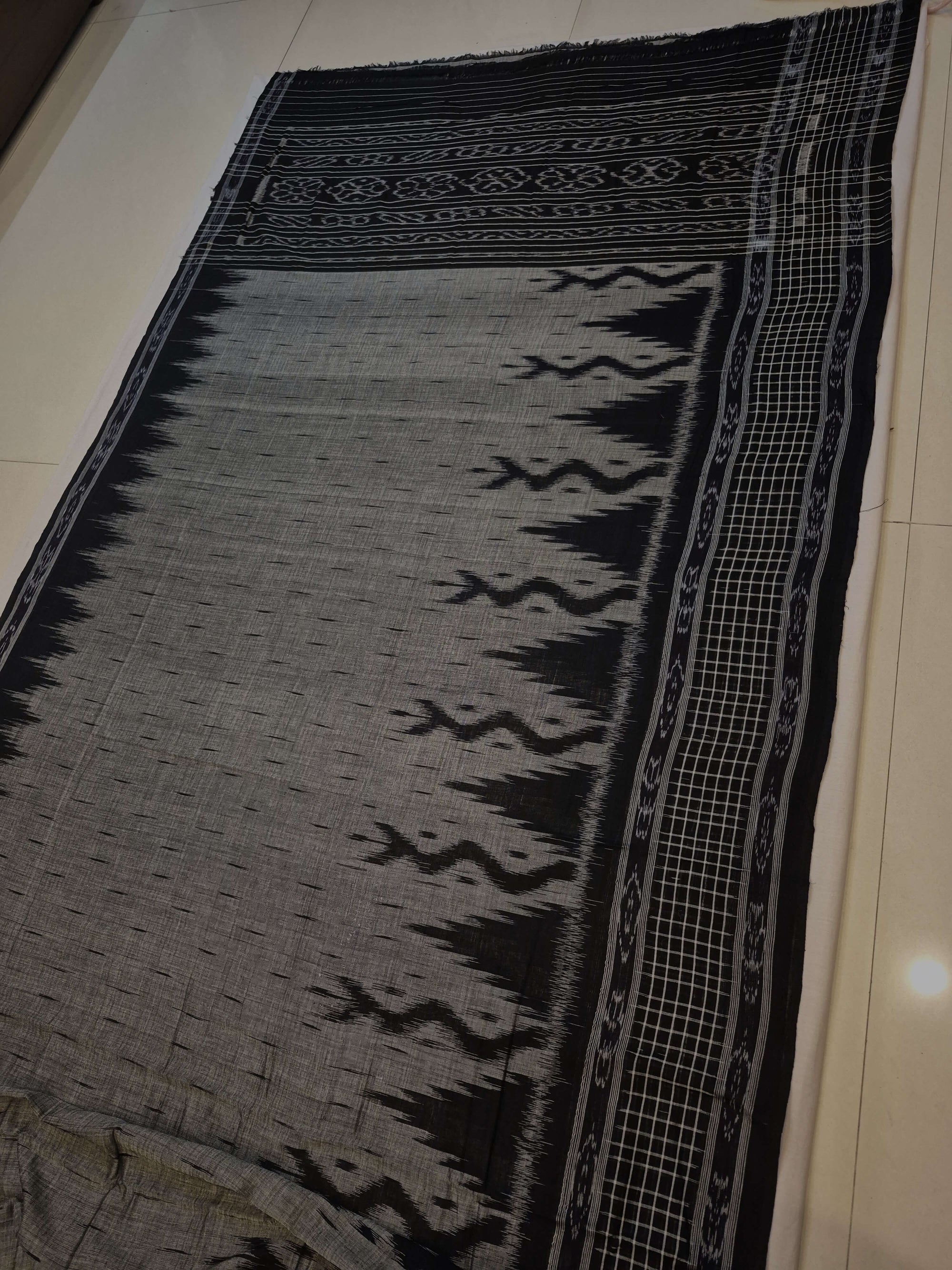 DarkGrey with Black wide border Cotton Odisha Ikat saree with mix match cotton ikat blouse