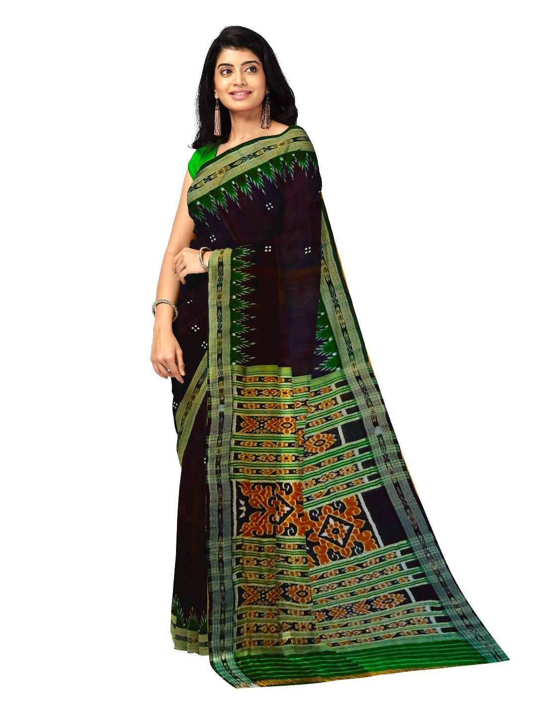 Black with Green Odisha Khandua Pata Silk Saree