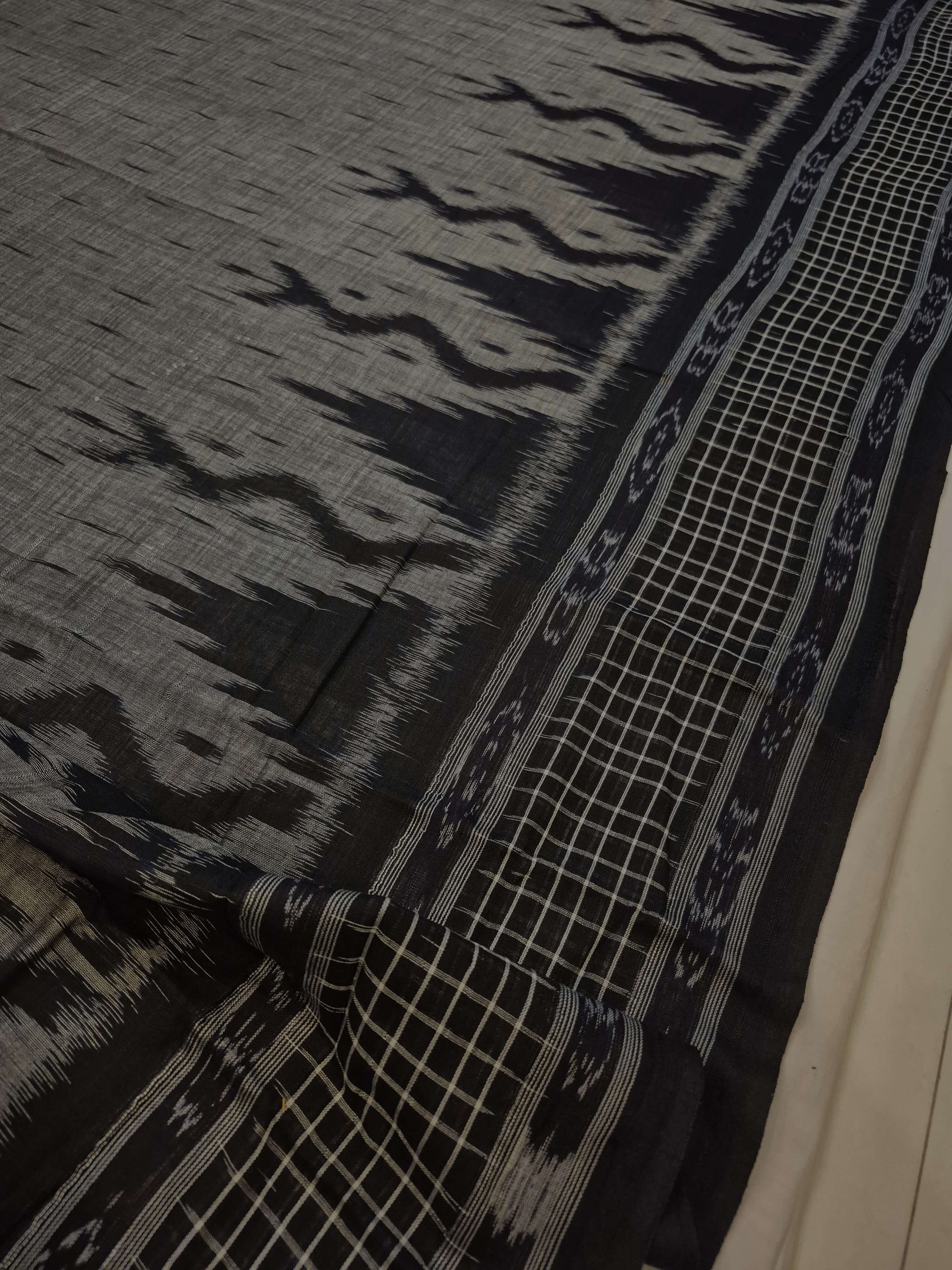 DarkGrey with Black wide border Cotton Odisha Ikat saree with mix match cotton ikat blouse