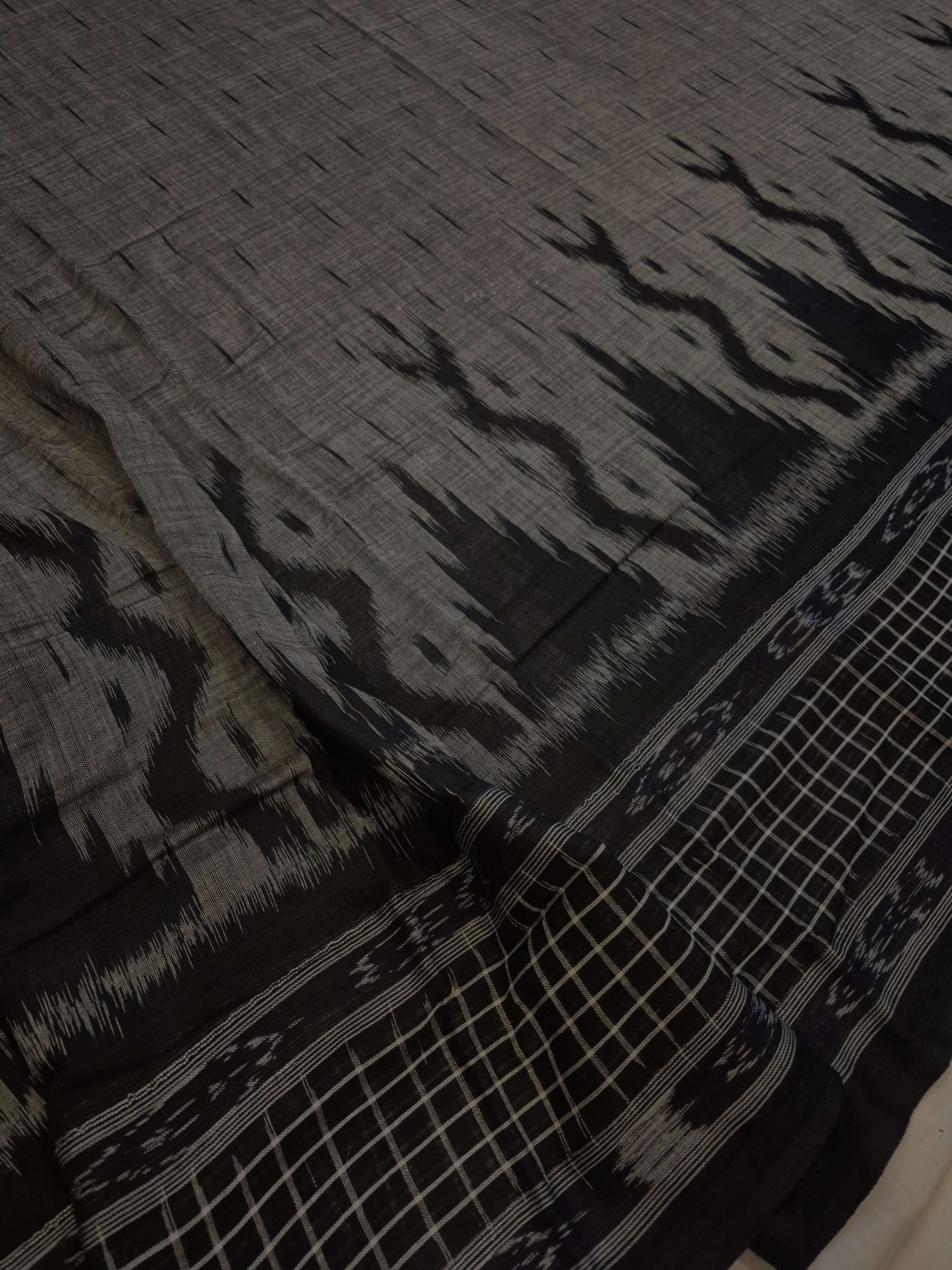 DarkGrey with Black wide border Cotton Odisha Ikat saree with mix match cotton ikat blouse