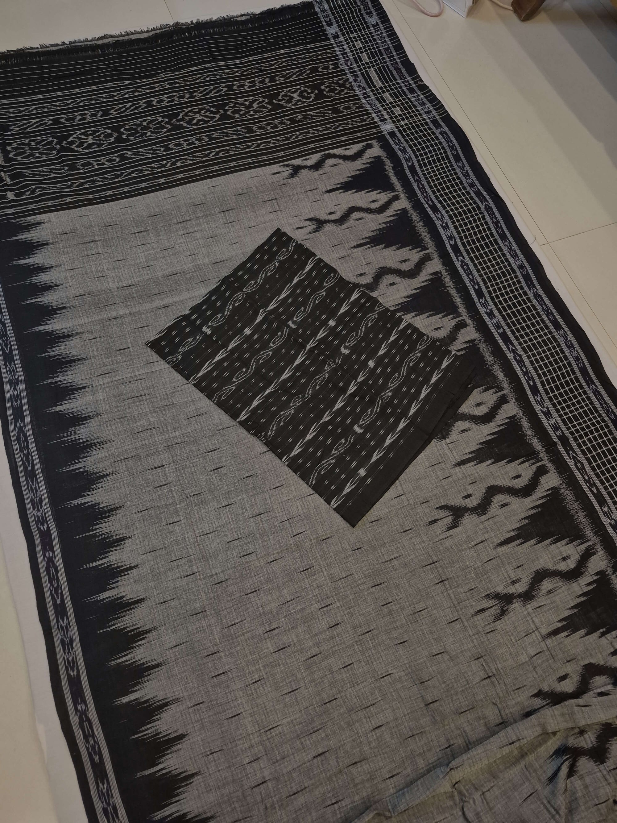DarkGrey with Black wide border Cotton Odisha Ikat saree with mix match cotton ikat blouse