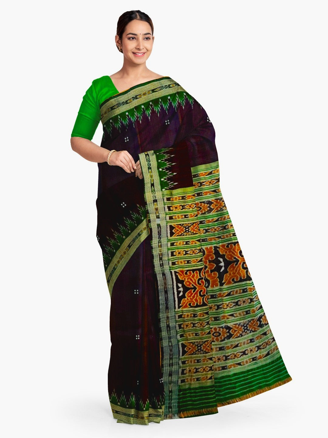 Black with Green Odisha Khandua Pata Silk Saree