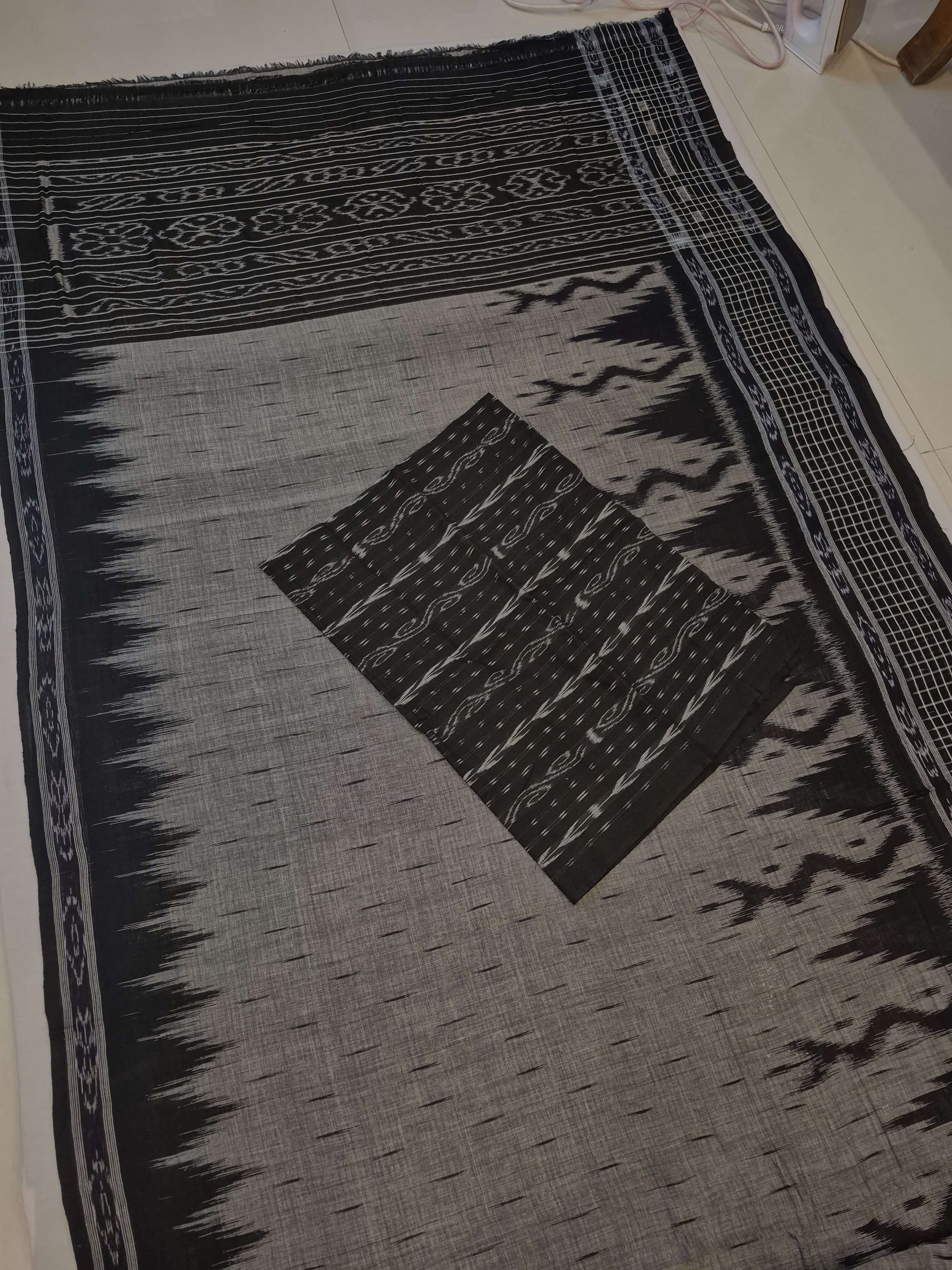 DarkGrey with Black wide border Cotton Odisha Ikat saree with mix match cotton ikat blouse