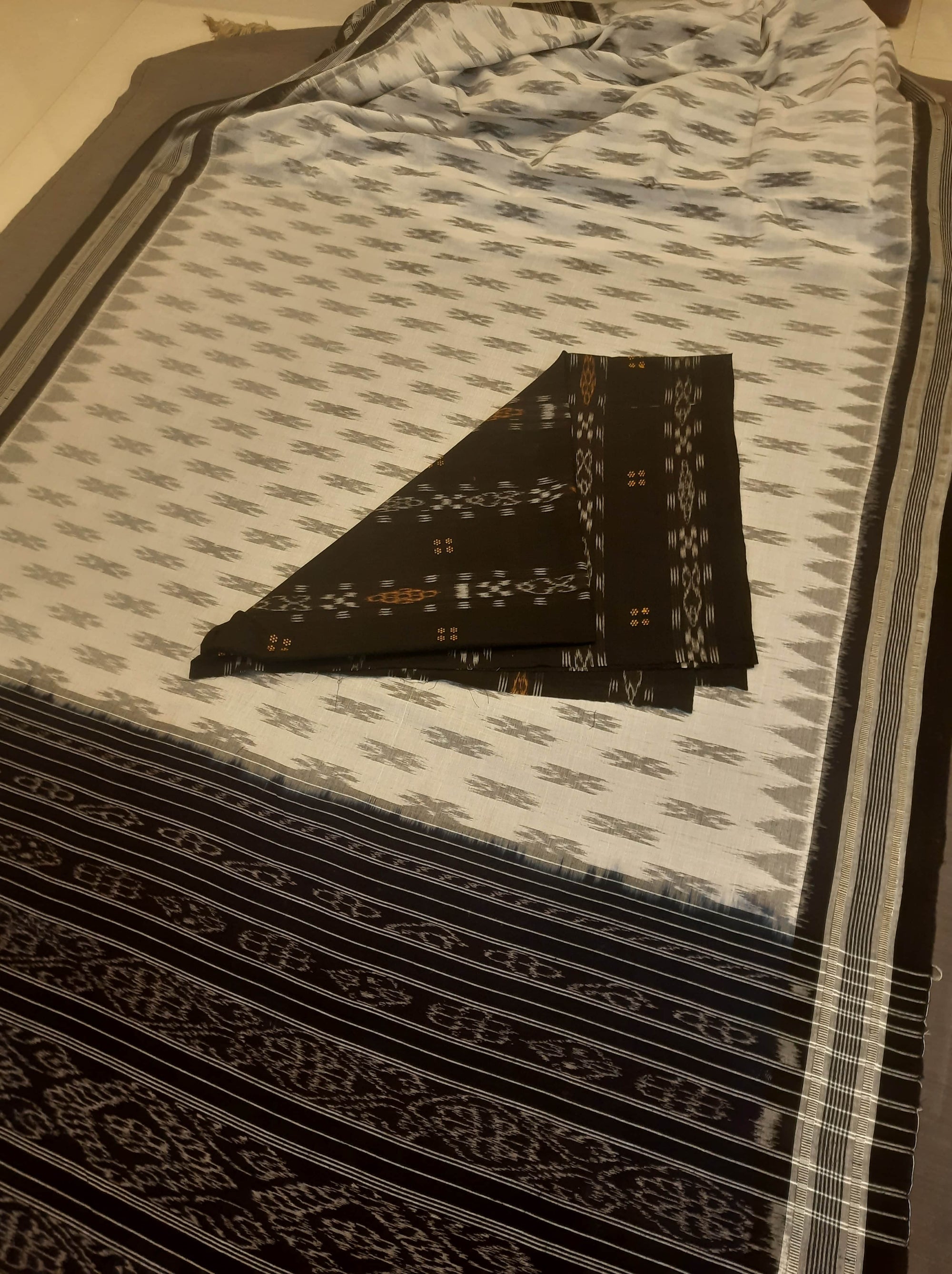 White and Black Cotton Odisha Ikat saree  with mix match cotton ikat blouse piece