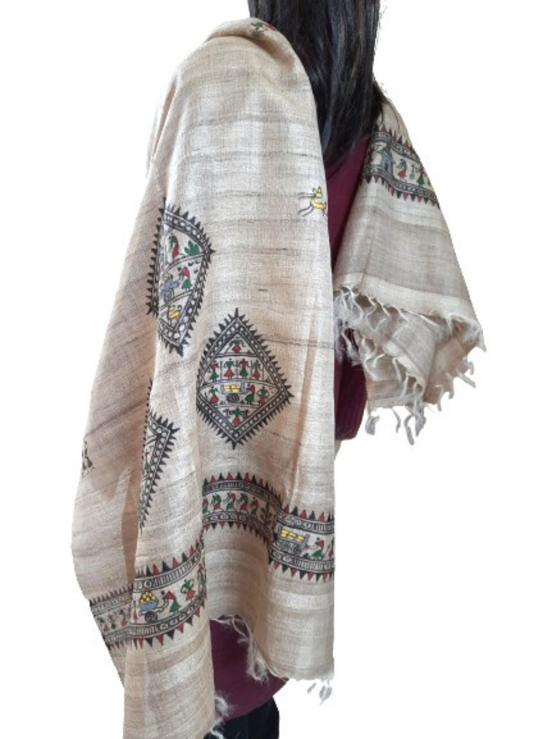 Beige Tussar Silk Stole with hand painted tribal art