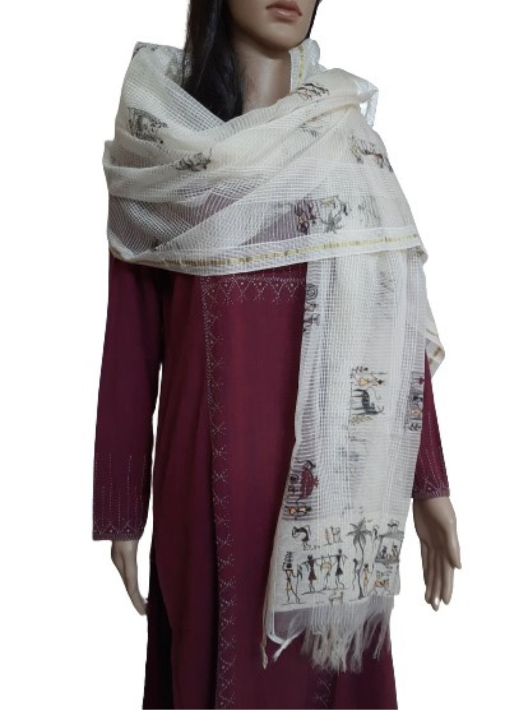 Offwhite cotton net Dupatta with hand painted Tribal Motifs