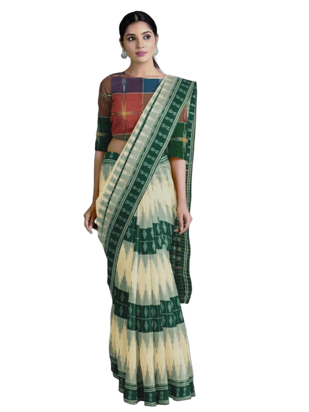 White and Green Cotton Odisha Ikat saree with mix match blouse piece