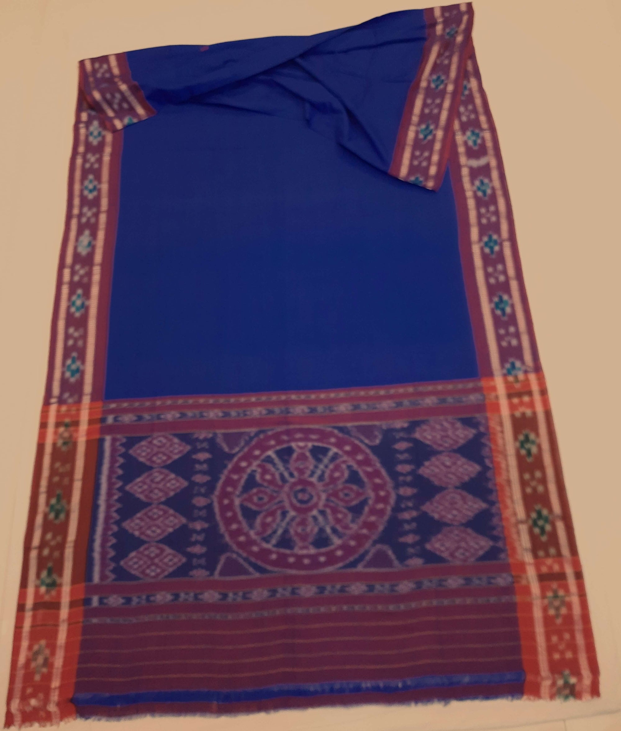 Dark Blue Cotton Odisha Ikat saree  with mix match cotton ikat blouse
