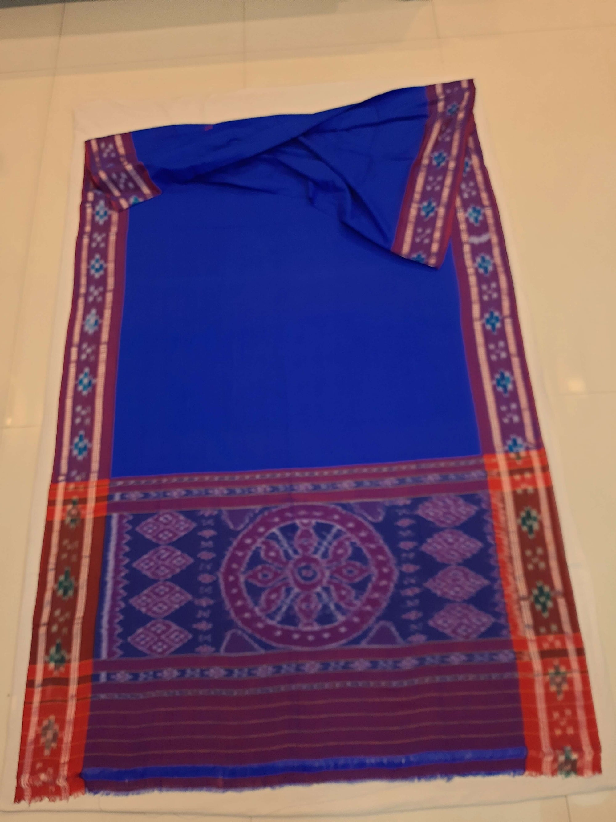 Dark Blue Cotton Odisha Ikat saree  with mix match cotton ikat blouse