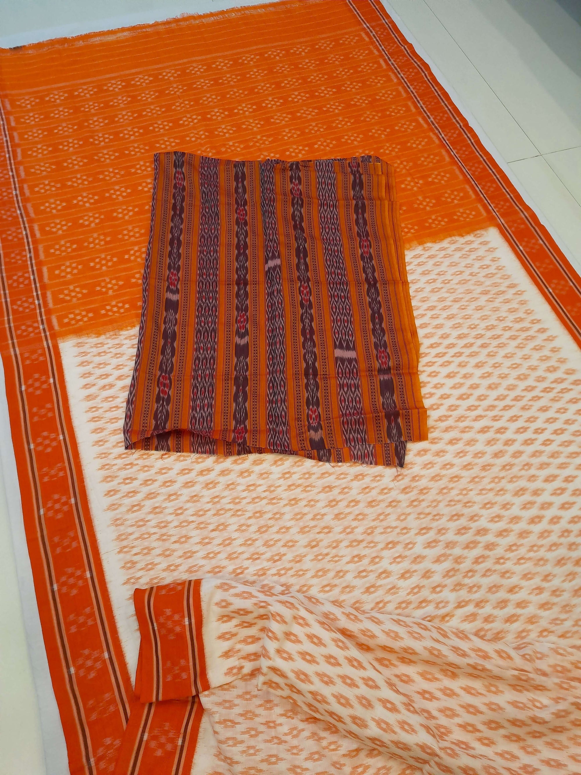 White with Orange cotton Odisha Ikat Saree with mix match cotton Ikat blouse piece