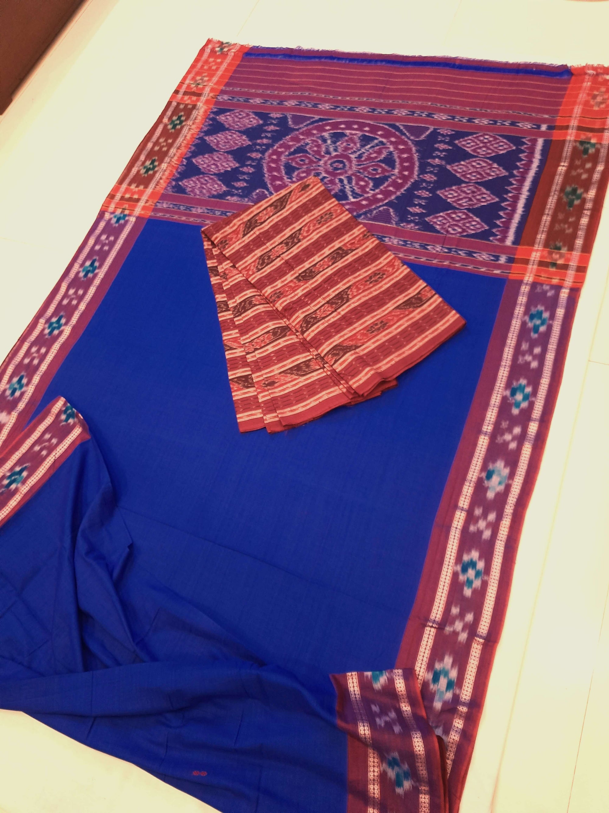 Dark Blue Cotton Odisha Ikat saree  with mix match cotton ikat blouse