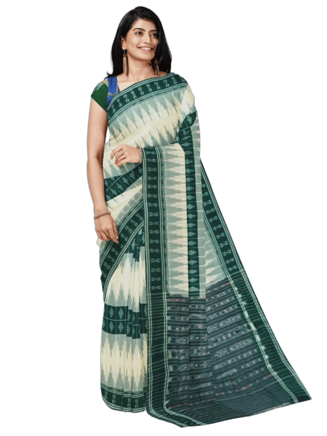 White and Green Cotton Odisha Ikat saree with mix match blouse piece